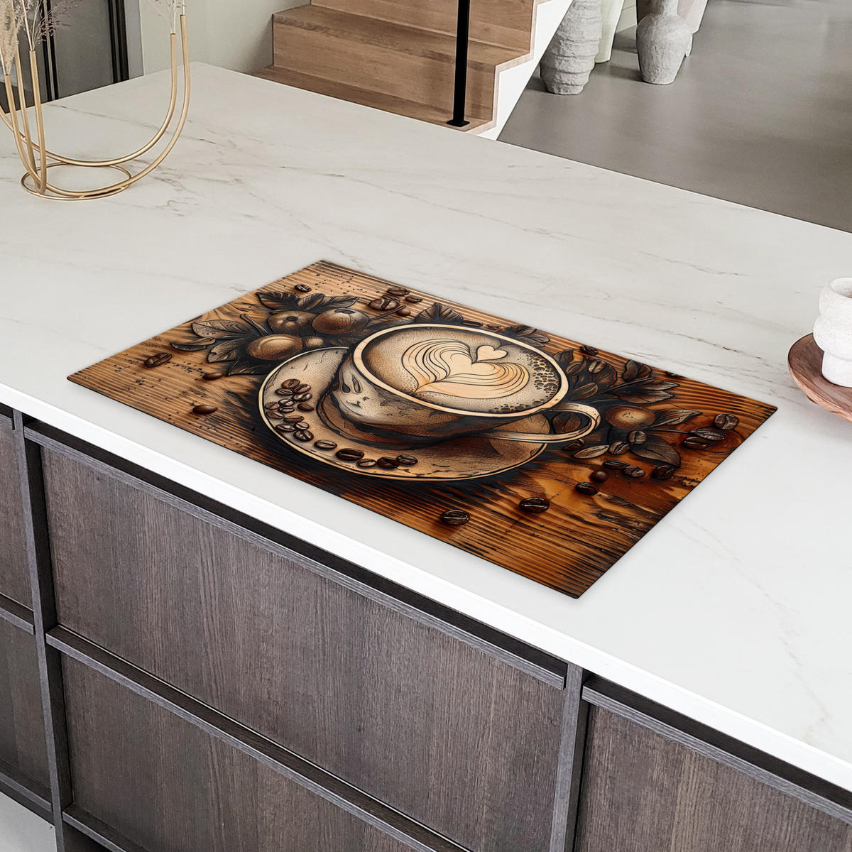 HERDABDECKPLATTE Kaffee - Vintage - Braun - Tasse - Holz Induktionsschutz 89.6x51.6 cm - Cappuccino, Kunststoff (89.6/51.6/0.2cm) - MuchoWow