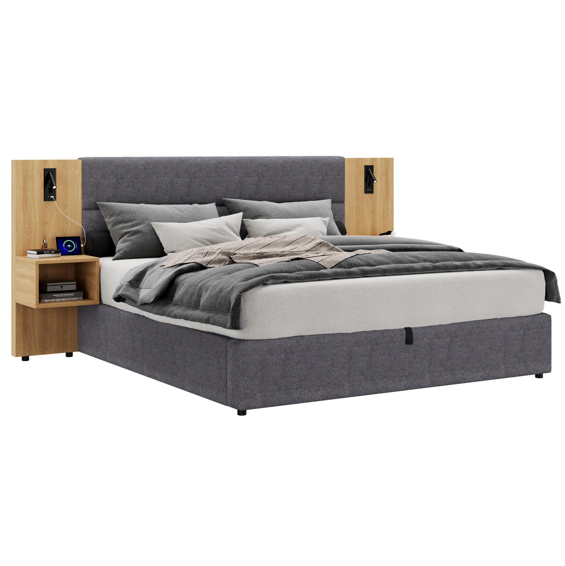 POLSTERBETT 160/200 cm aus Samt mit USB-Anschluss Beleuchtung und 2 Nachttischen Grau und Natur - Naturfarben, Textil (160/200cm) - Modenvie