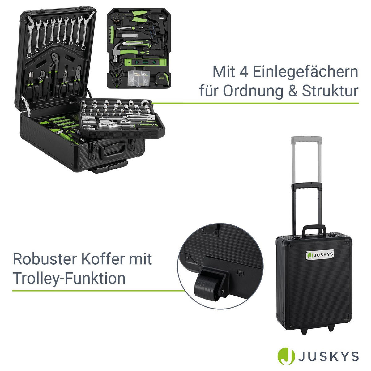 WERKZEUGKOFFER mit Trolley-Funktion (1200-tlg.) - Schwarz, Metall (37/18/45cm) - Juskys