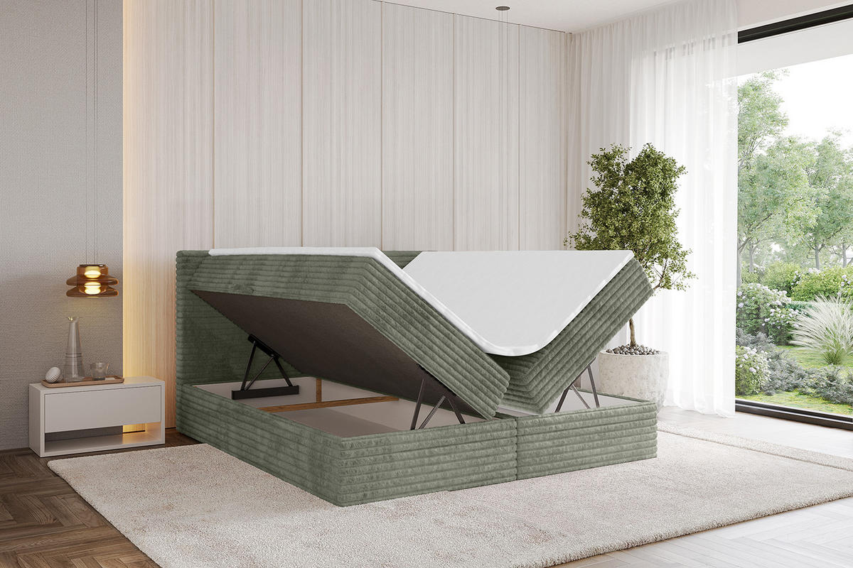 BOXBETT mit Matratze H3 und Lattenrost - TOLO-v1 - 200x200 Cord - Olive - Olivgrün, Holzwerkstoff (200/200cm)
