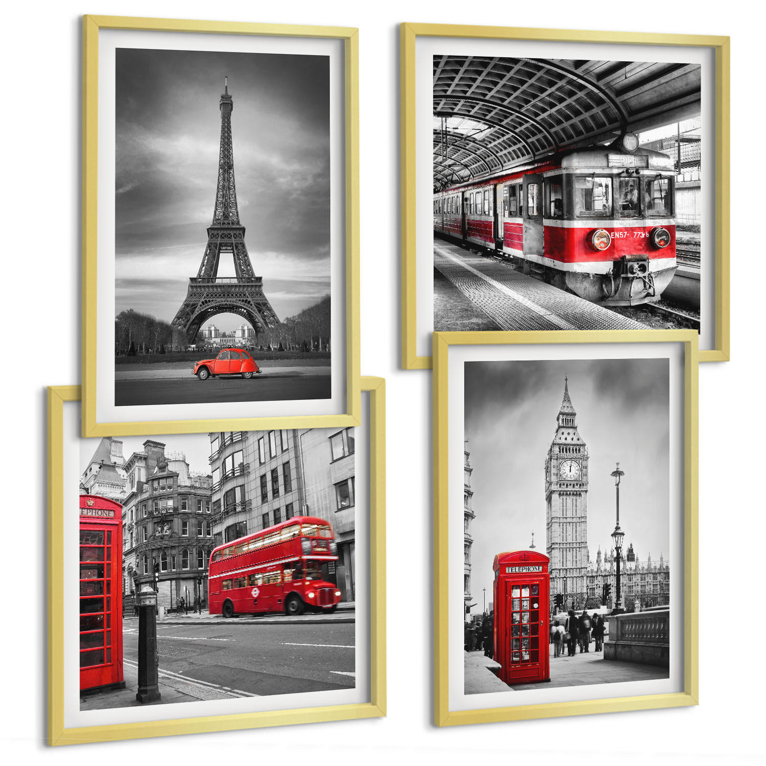 BILDER SET 4er Set - 50x50 cm & 40x60 cm Goldrahmen - Rote Busse in der Stadt - Goldfarben, Kunststoff (50/50cm) - TULUP