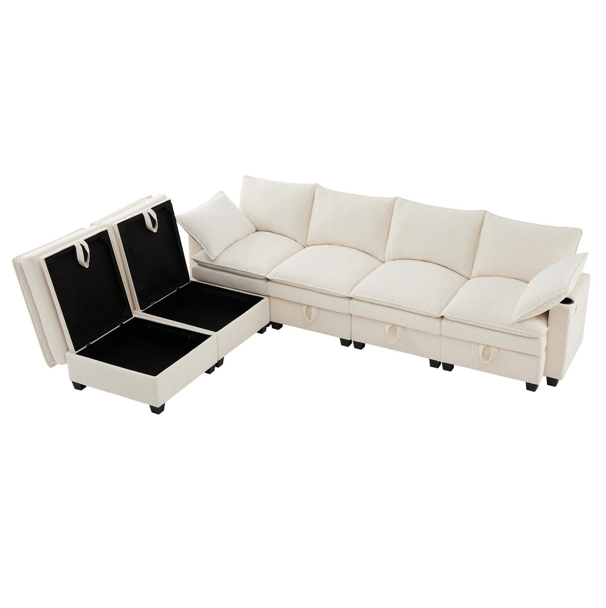 ECKSOFA Modulares 5-6-Sitzer mit Fußhocker und USB-Anschlüssen Cord Beige 280/151/82 cm - Beige, Textil (280/152cm) - OKWISH
