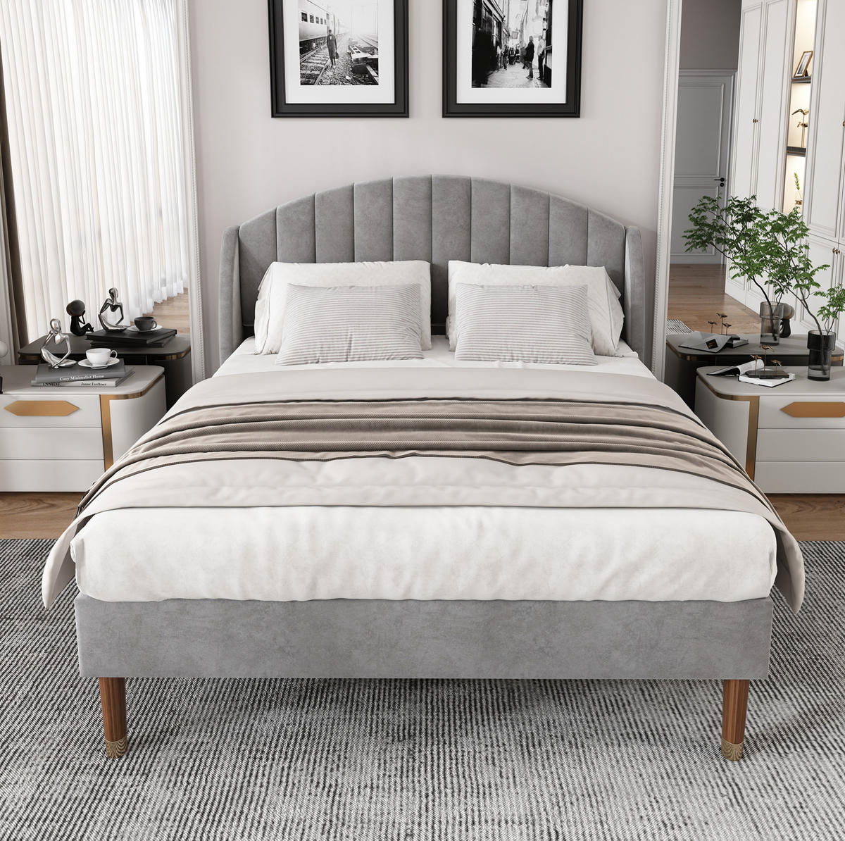 POLSTERBETT aus Samt 160x200 cm in Grau mit Lattenrost & Kopfteil - Grau, Textil (160/200cm) - Modfu