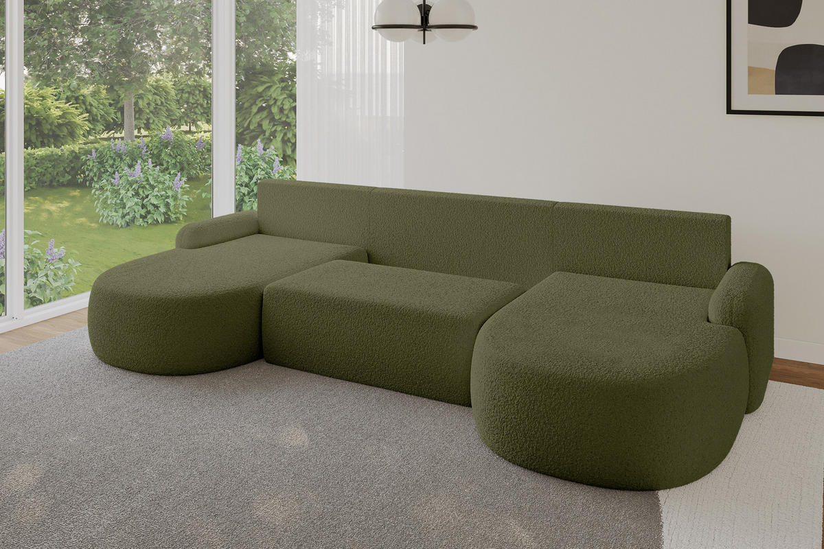 WOHNLANDSCHAFT mit Schlaffunktion und Bettkasten LIRA-U - 335x172x89 Grün - Pastellgrün, Holzwerkstoff/Textil (335/89/172cm) - ALTDECOR