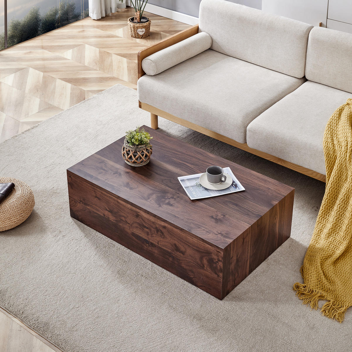 COUCHTISCH in Walnussfarbe Wohnzimmertisch mit Marmorimitat-Textur für Wohnzimmer, B90/T50/H30 cm - Walnussfarben, Holzwerkstoff (50/90/30cm) - STILVORA