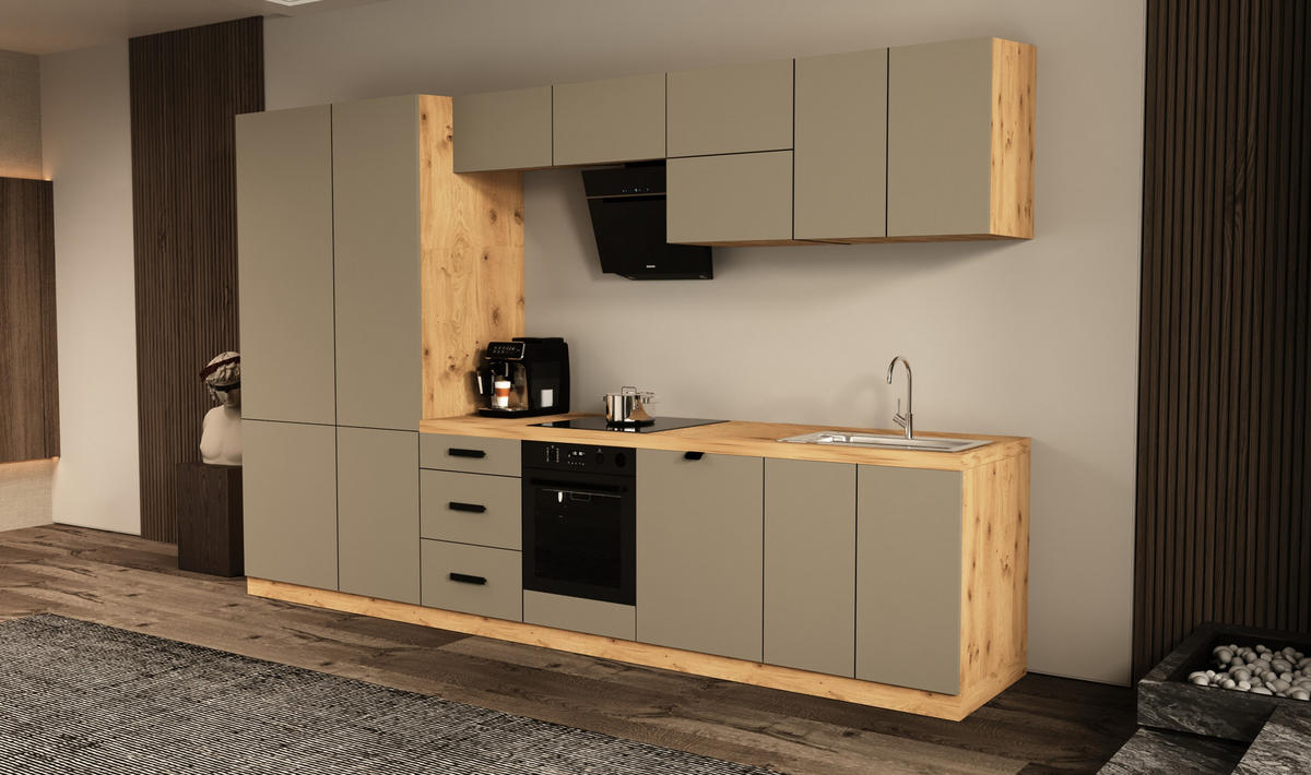 KÜCHENZEILE 360 cm - Langen KL19-M360 - in Beige/ Matt - Beige/Schwarz, Holz/Metall (360/212/58cm)