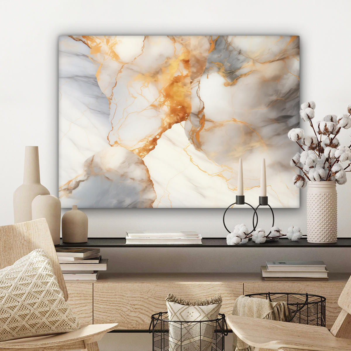 LEINWANDBILD Marmor - Grau - Gold Wandbilder 80x60 cm - Weiß, Textil (80/60cm) - MuchoWow