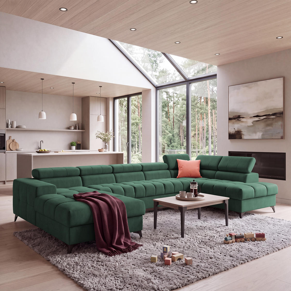 ECKSOFA PUDDING MAXI U Rechts mit Schlaffunktion 125x330 Velours Grün - Schwarz/Grün, Holz/Textil (421/203cm) - Muffo