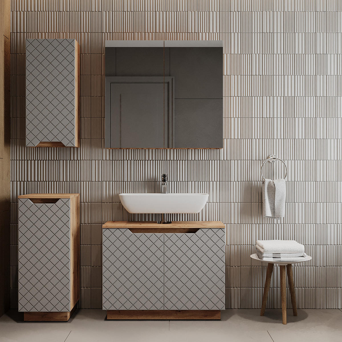 BADMÖBEL-SET Lotta Eiche/Grau mit Kachelstruktur 4 Teile - Eichefarben/Grau, Holzwerkstoff (79.6/62.1/32cm) - Vicco