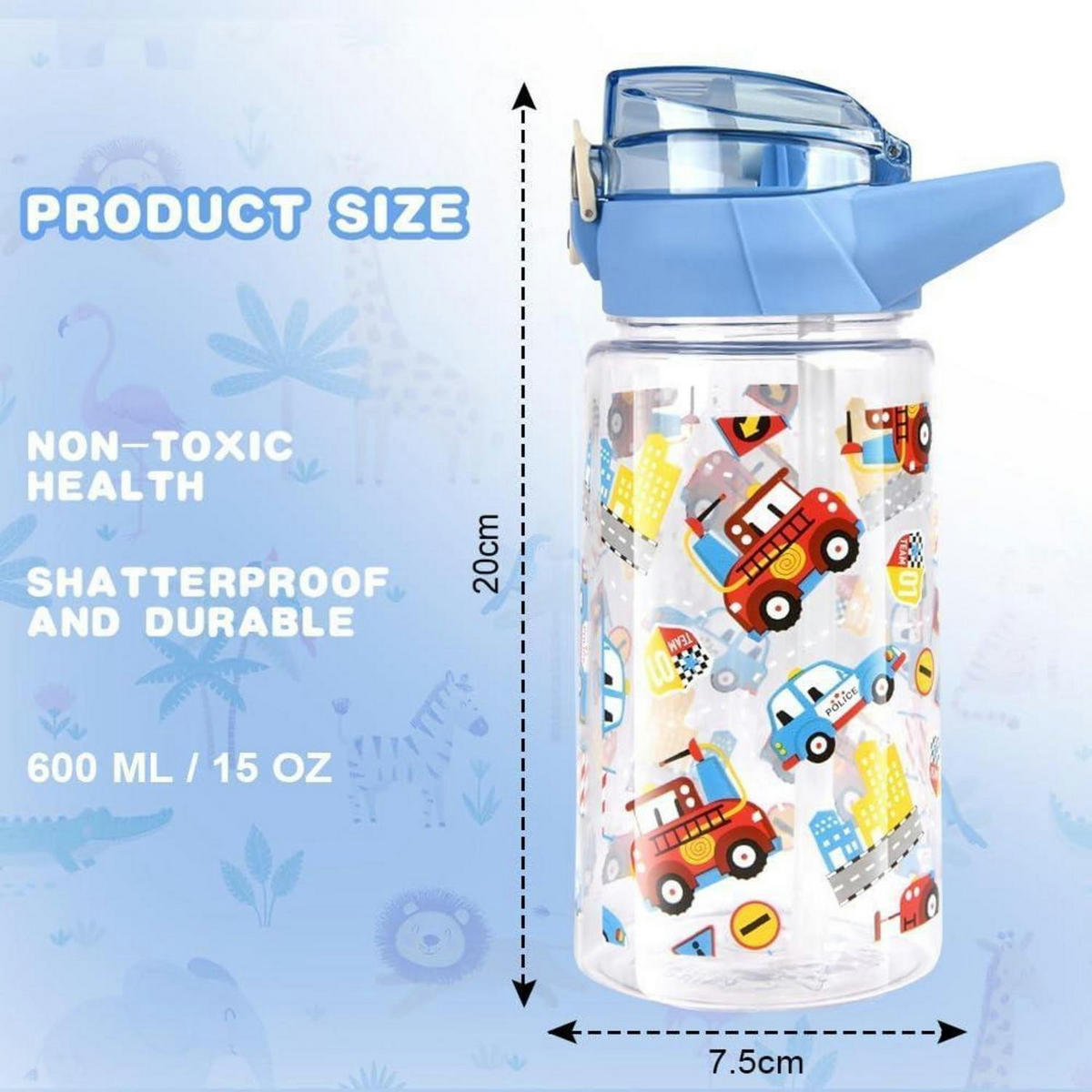 KINDER Trinkflasche mit Strohhalm 500 ml Blau Blaues Auto - Blau, Kunststoff (10/10cm)