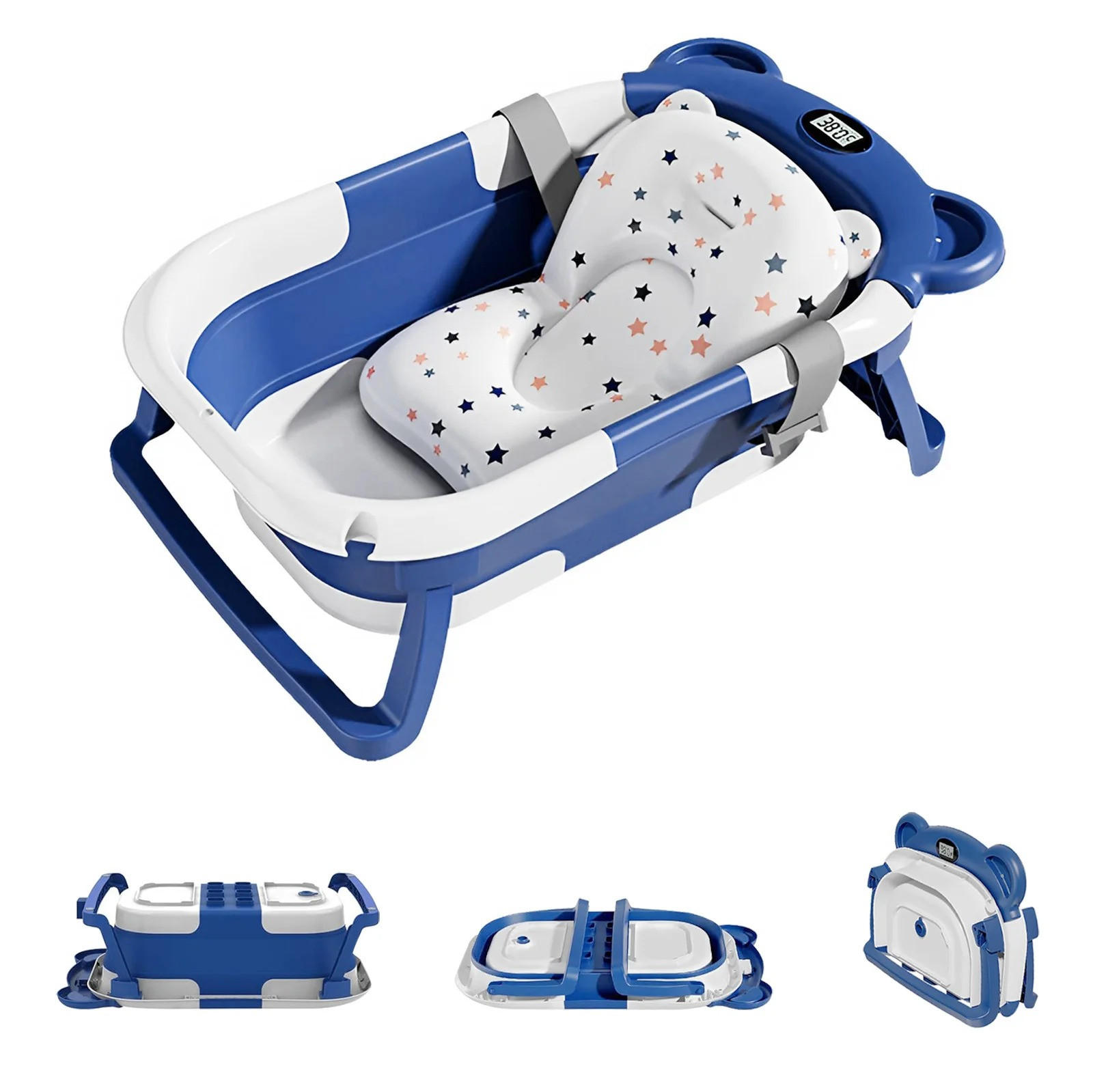 BABYBADEWANNE Tragbare zusammenklappbare, mit Thermometer und 1 weichem schwimmendem Kissen, Abflussloch, Blau - Blau, Kunststoff (67/42cm) - Kaket