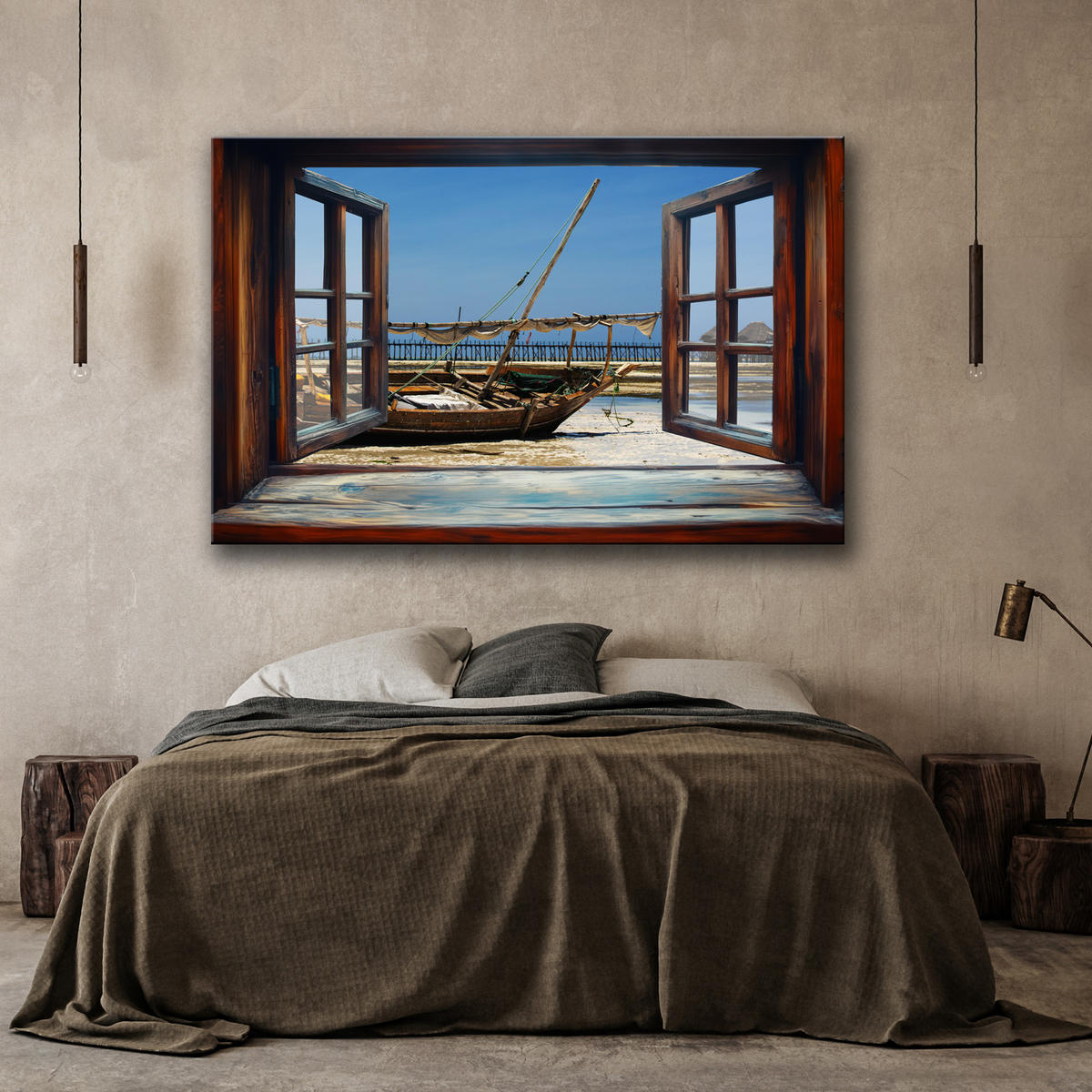 WANDBILD blick aus einem fenster meer natur - Braun, Textil (60/40cm) - Feeby