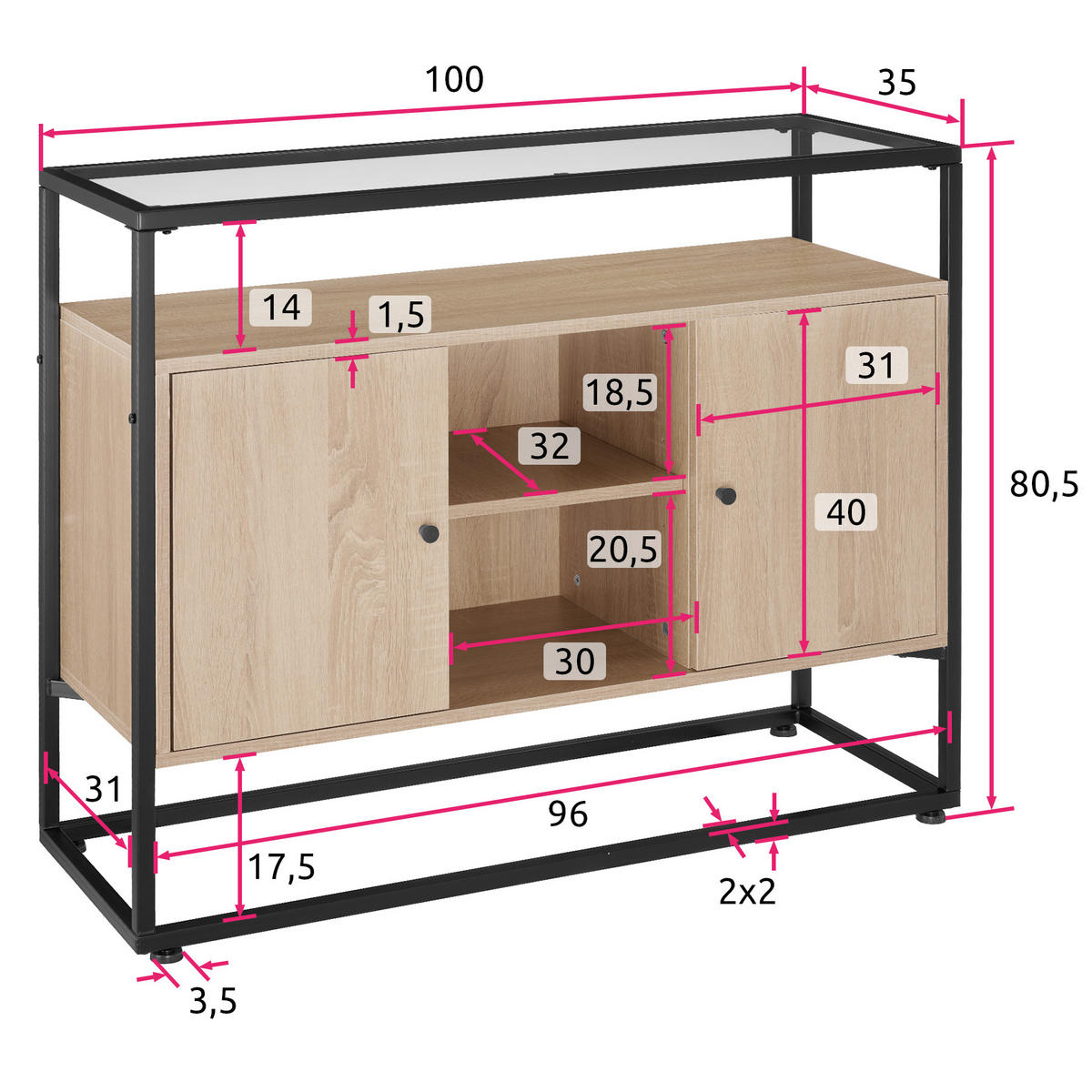 SIDEBOARD Oldham,100 x 38 x 80,5 cm,Industrial Holz hell, Eiche Sonoma - Naturfarben, Holzwerkstoff (38/80.5/100cm) - tectake