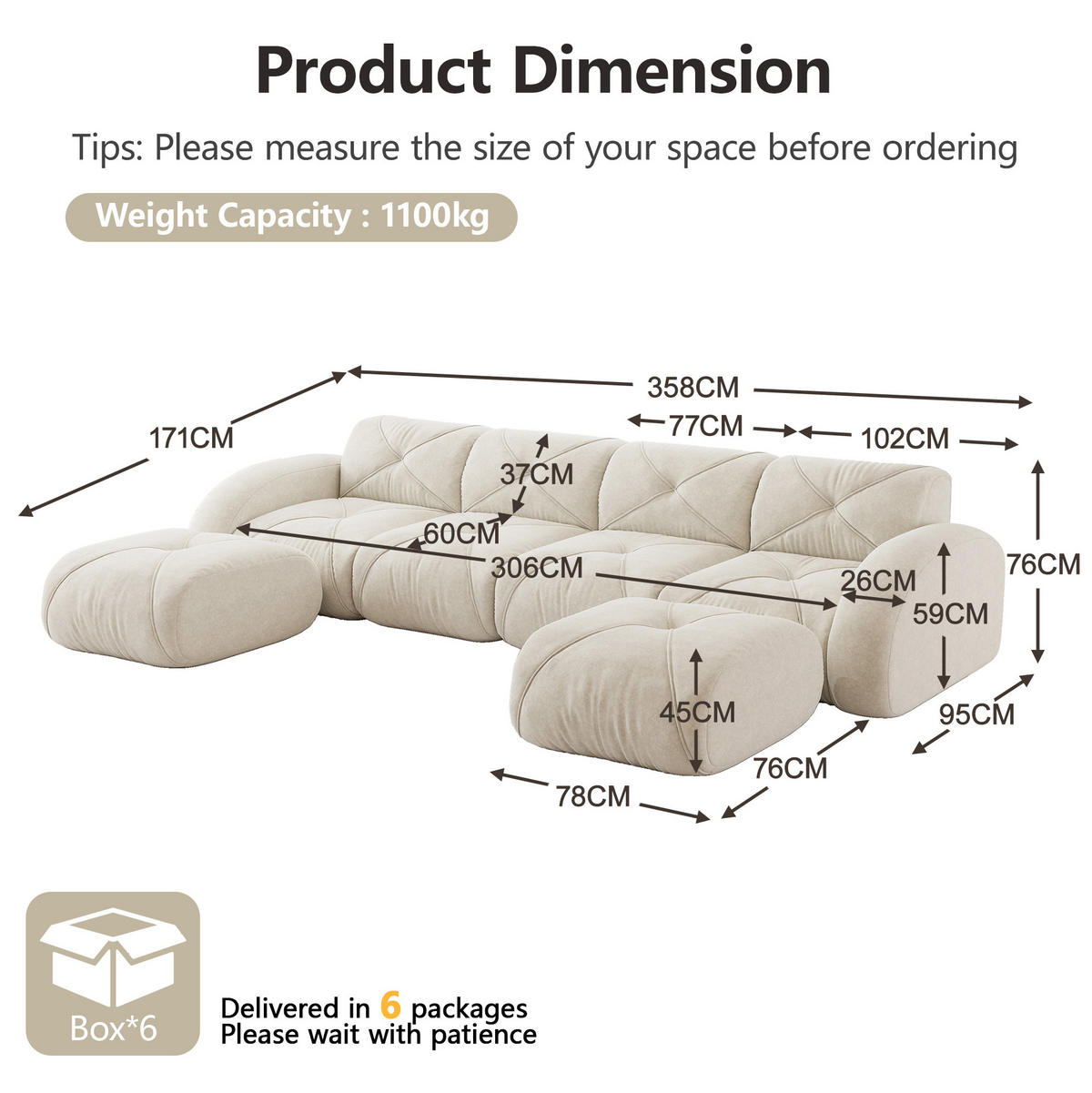 SOFA U-Form 4-Sitzer Chenille White mit 2 Hockern - Weiß, Kunststoff (171/76/358.1cm) - Meubliv