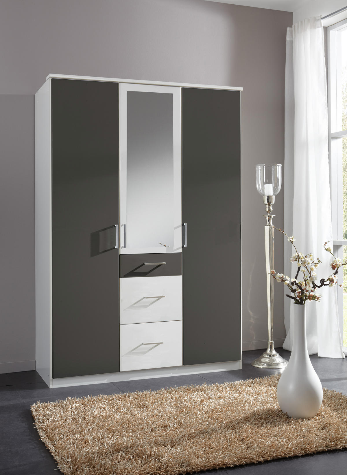 DREHTÜRENSCHRANK Click in Weiß mit Grafit - 135 cm Breite mit Spiegel - Weiß, Holzwerkstoff (135/199/58cm)