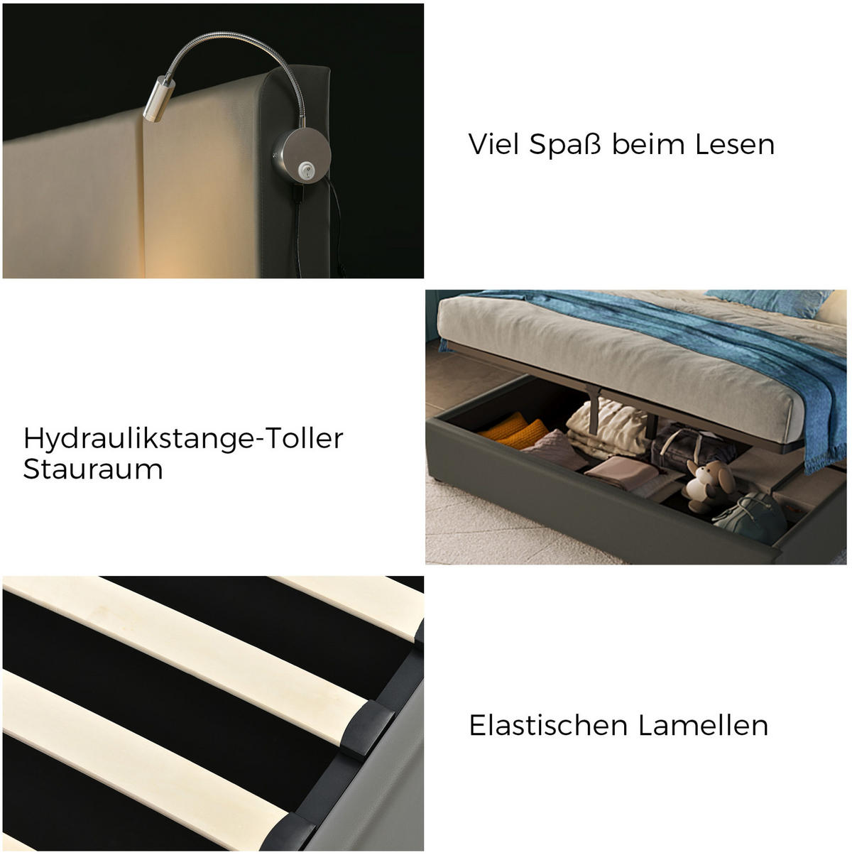 POLSTERBETT 140/200 cm mit Leselampe, USB-Ladefunktion, Bettkasten und Matratze, Grau - Grau, Kunststoff (140/140cm) - Redom