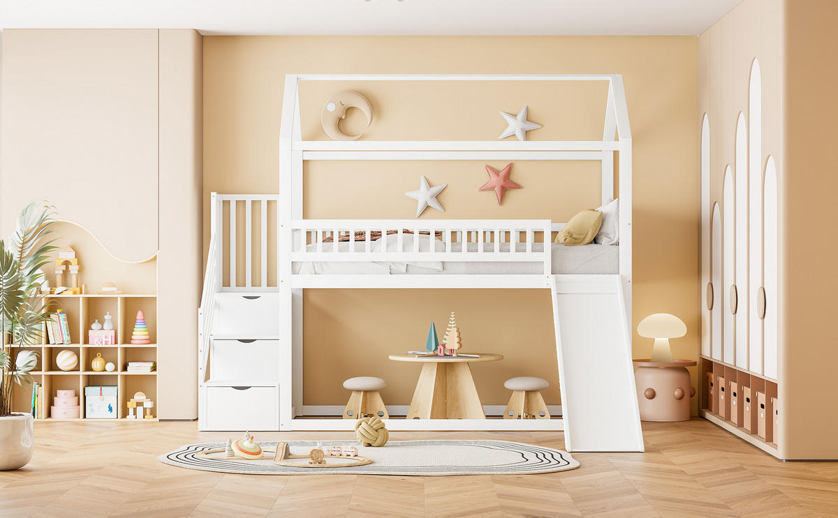 ETAGENBETT 90x200 cm Rutsche Treppe weiß - Weiß, Holz (90/200cm) - LEBENLANG