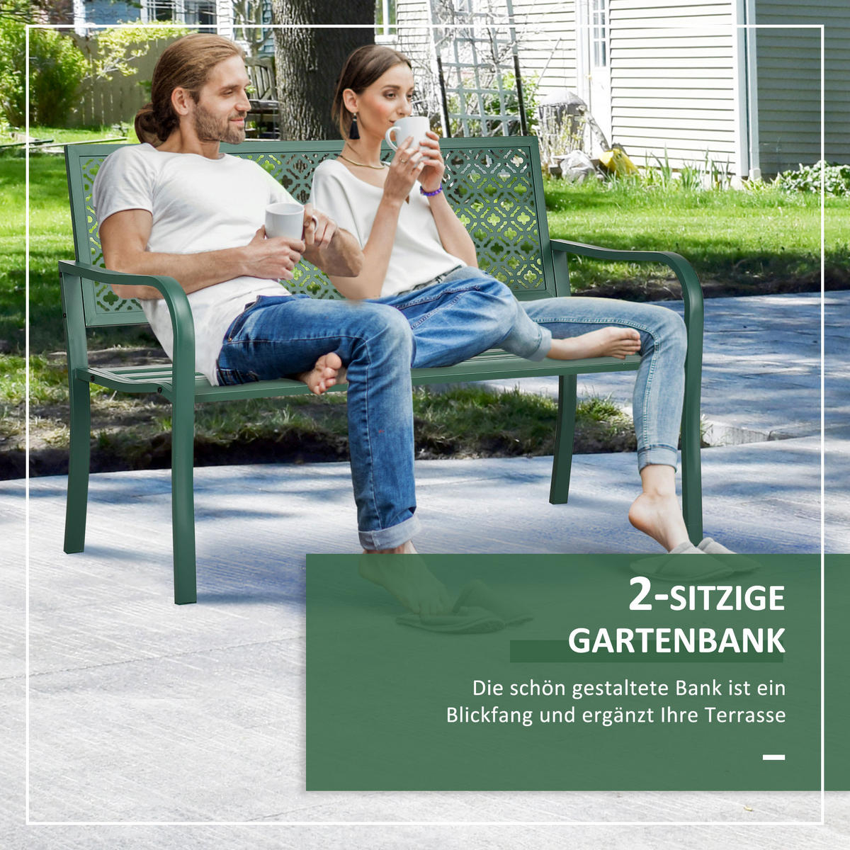 SITZBANK MIT BLUMENMUSTER, max. 240 kg, 127 x 63 x 83 cm, Stahl, Dunkelgrün - Dunkelgrün, Metall (127/83/63cm) - Outsunny