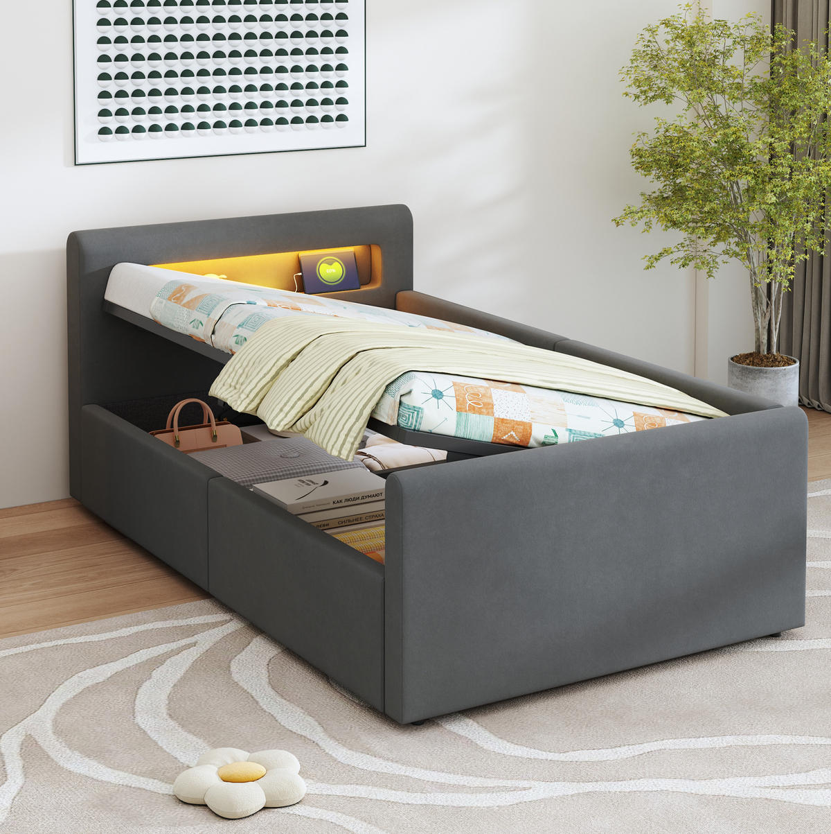 POLSTERBETT aus Samtstoff 90x200 cm in Dunkelgrau mit LED, USB & Stauraum - Grau, Textil (90/200cm) - Modfu
