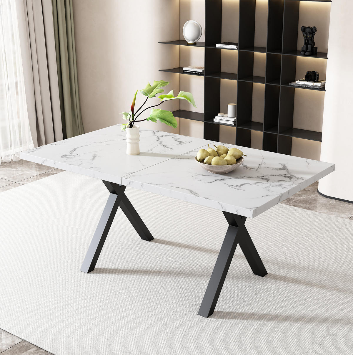 ESSTISCH 140/80/76 cm in Weiß Marmoroptik mit Kreuzgestell - Weiß, Holzwerkstoff (140/80/76cm) - Flora Grace