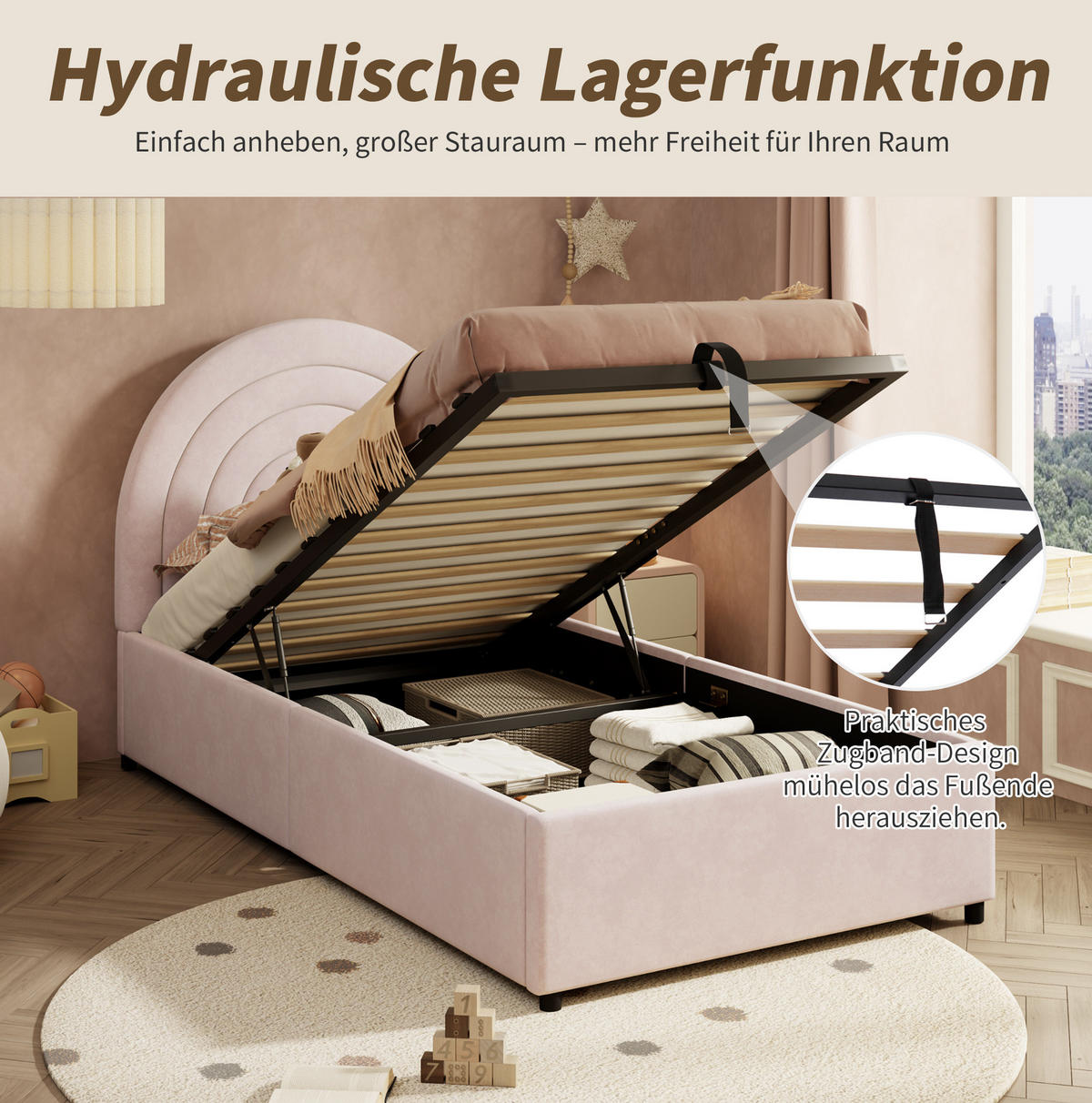 KINDERBETT 90/200 cm mit hydraulischem Bettkasten, Samtbezug und gepolstertem Kopfteil, Pink - Rosa, Textil (90/200cm) - Redom