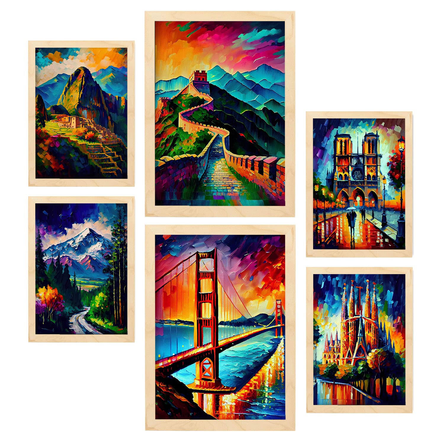 POSTER Set Mit 6 Weg Im Ölgemälde Stil A3 & A4 Rahmen Aus Hellem Holz - Beige, Papier (29/3cm) - Nacnic