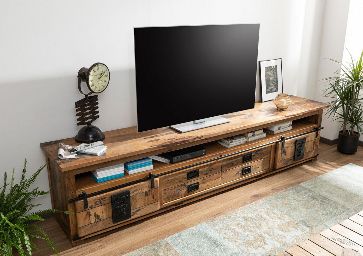 TV-BOARD Mango 260x50x60 natur lackiert RAILWAY #155 - Naturfarben, Holz (260/60/50cm) - Massivmoebel24