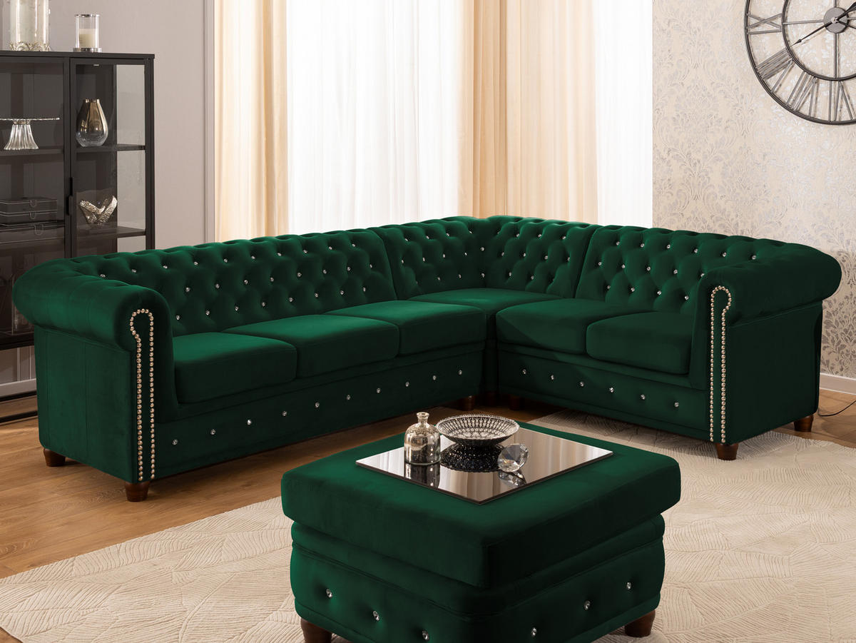 ECKSOFA Chesterfield Cleo Blink Flasche Grün Samt mit Kristallsteppung und braunen Massivholzfüßen - Ottomane Rechts - Braun/Grün, Holz/Textil (264/210cm) - S-Style Möbel