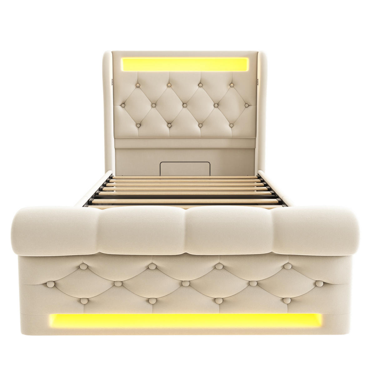POLSTERBETT 90/200 cm Beige aus Samt mit LED, Stauraum und Matratze - Beige, Textil (90/200cm) - Flora Grace