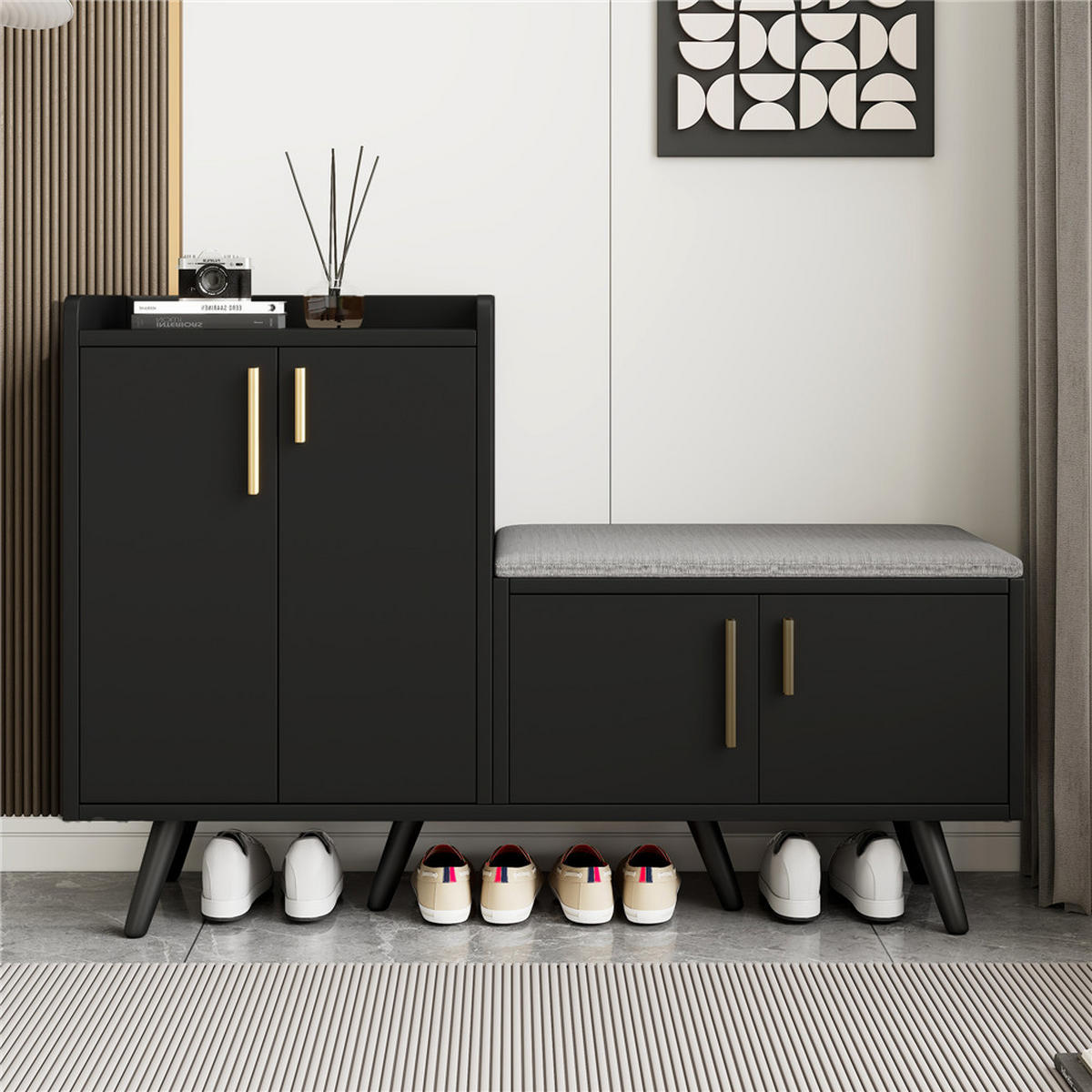 SCHUHSCHRANK Schuhbank 120x34x82 cm Metallgriffe Schwarz - Schwarz, Holz (120/82/34cm) - Kaket