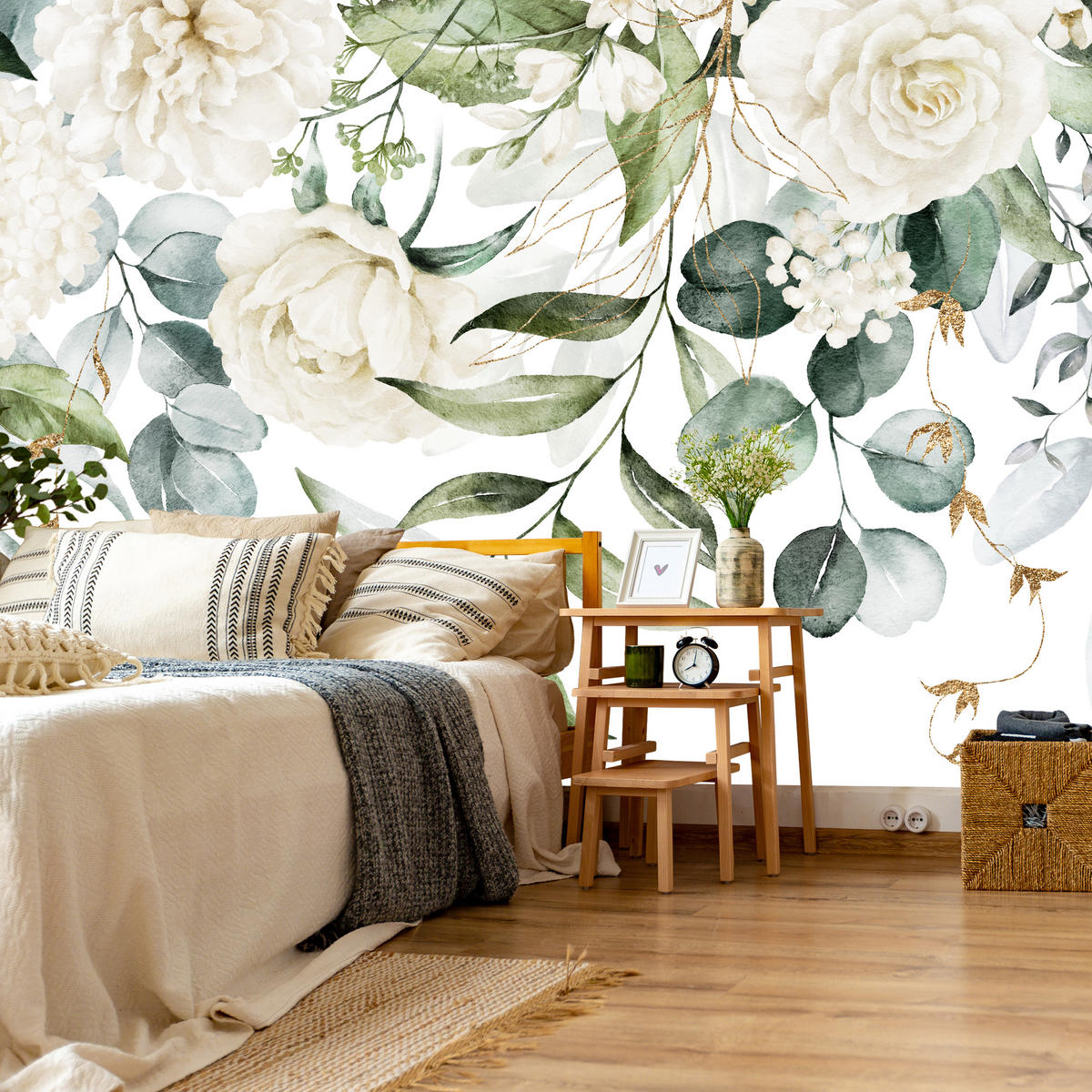 FOTOTAPETE für Schlafzimmer Aquarell Weiße Blumen Pfingstrosen Blätter Natur 450x315 - Creme/Weiß, Papier (450/315cm) - Muralo