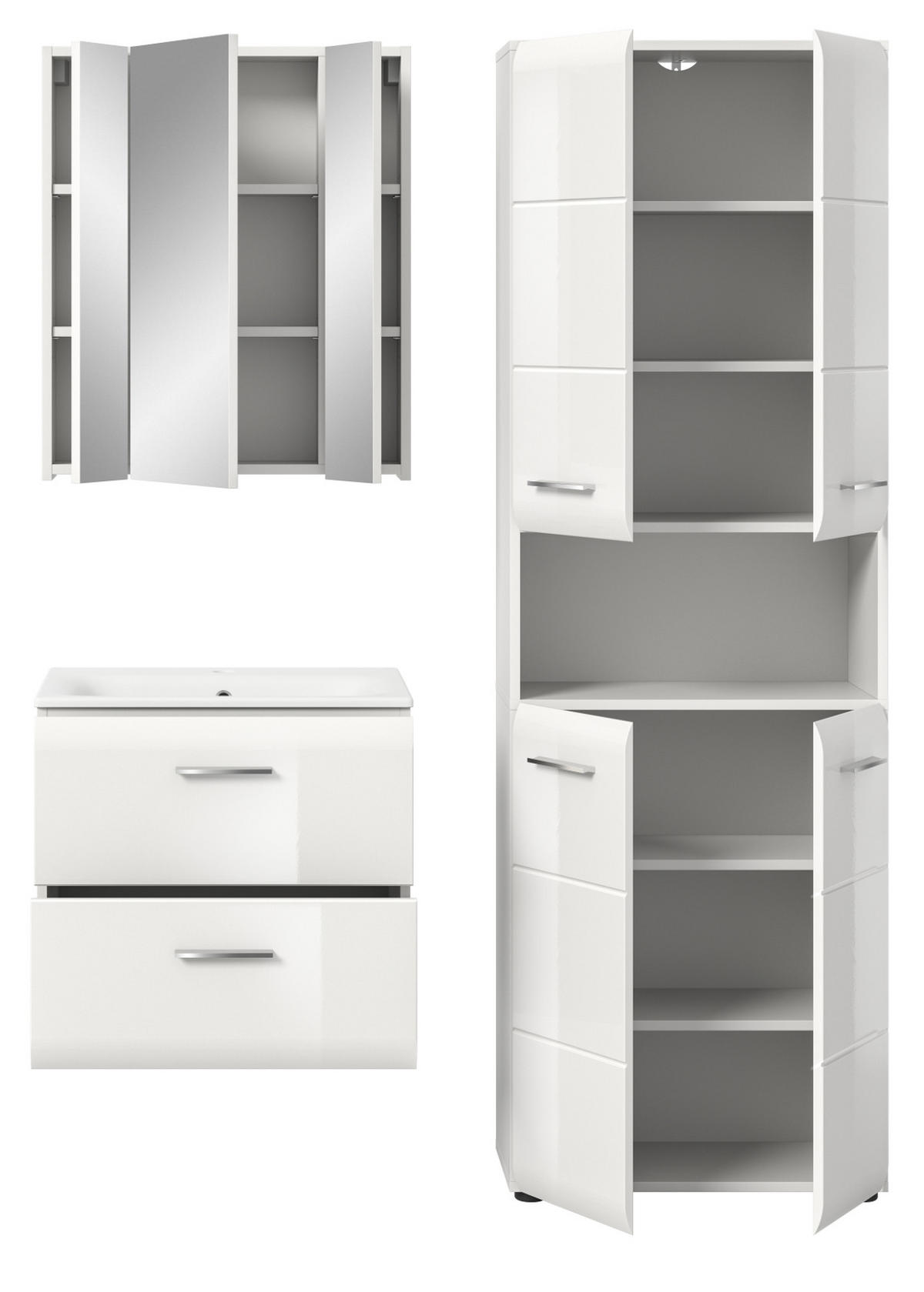 BADMÖBEL SET 3-teilig in weiß Hochglanz Badkombination 135 x 185 cm Cover - Weiß Hochglanz/Schwarz, Holzwerkstoff/Kunststoff (135/185/46cm) - Inn.Furn