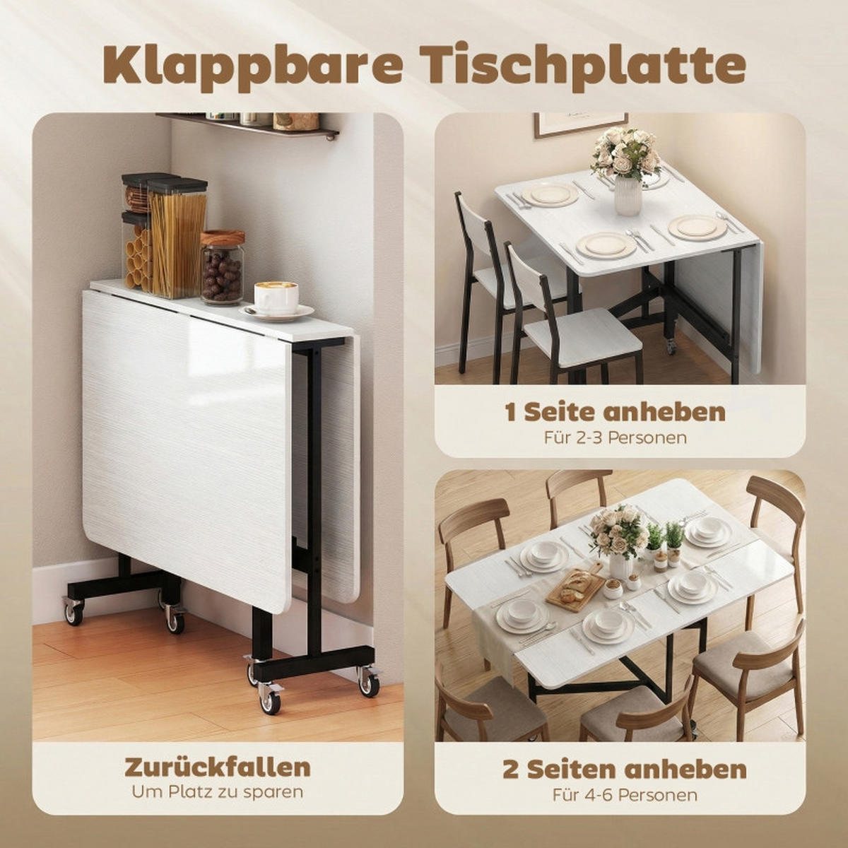 ESSTISCH klappbar 120x80x73 cm, mobiler Tisch mit Rollen & Bremsen, Holzwerkstoff, max. Belastbarkeit 50 kg, weiß - Weiß, Holzwerkstoff (80/120/73cm) - Joyfair