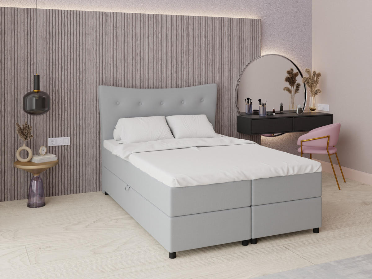 BOXBETT Nevada 140 x 200 cm Doppelbett mit hochwertiger Bonell-Matratze und Topper - grau - Grau, Holz (140/200cm) - Panda Möbel