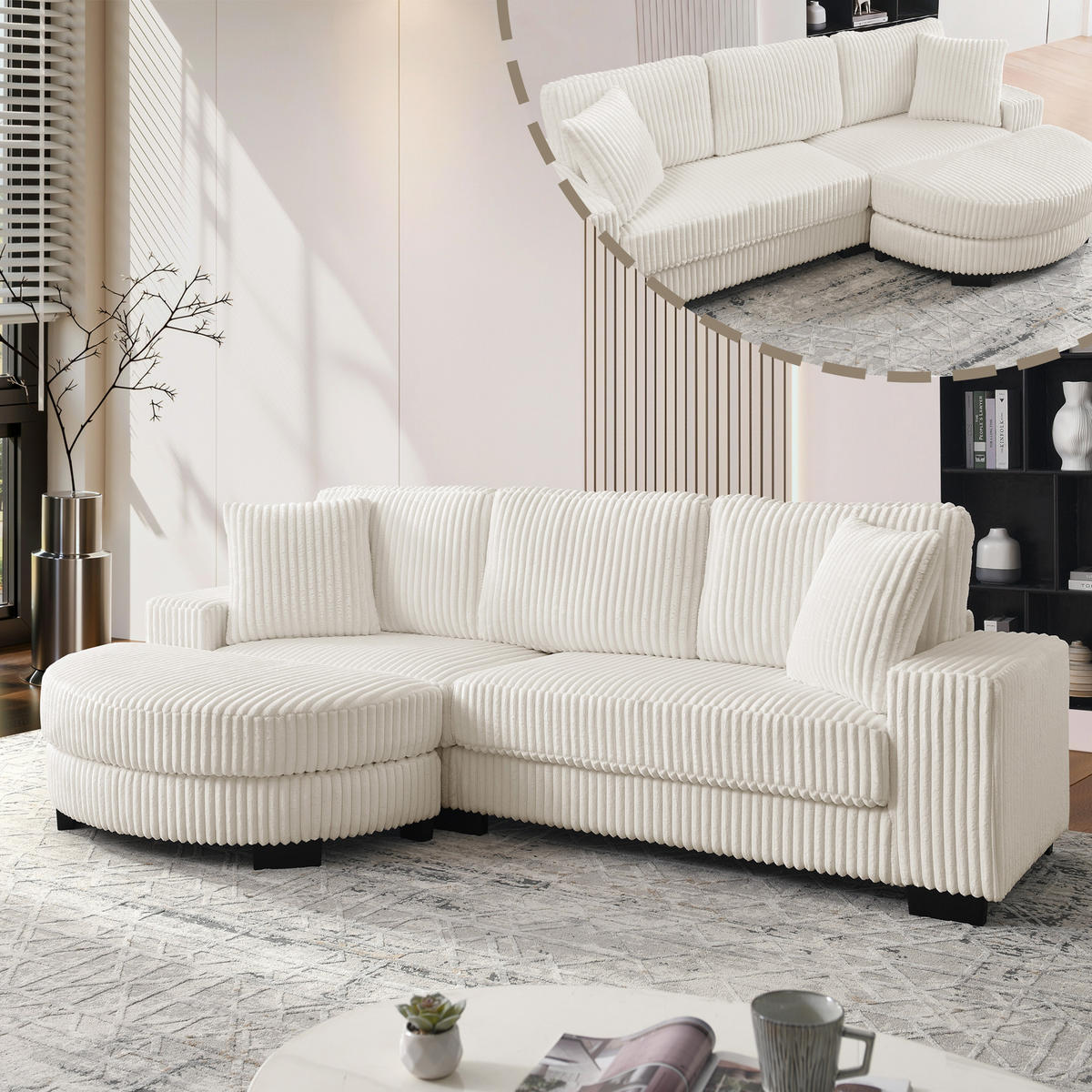 ECKSOFA 256.5/133.5/89 cm Beige Cord mit 2 Kissen und ovaler Fußhocker - Beige, Textil (133.5/89/256.5cm) - Oxeza