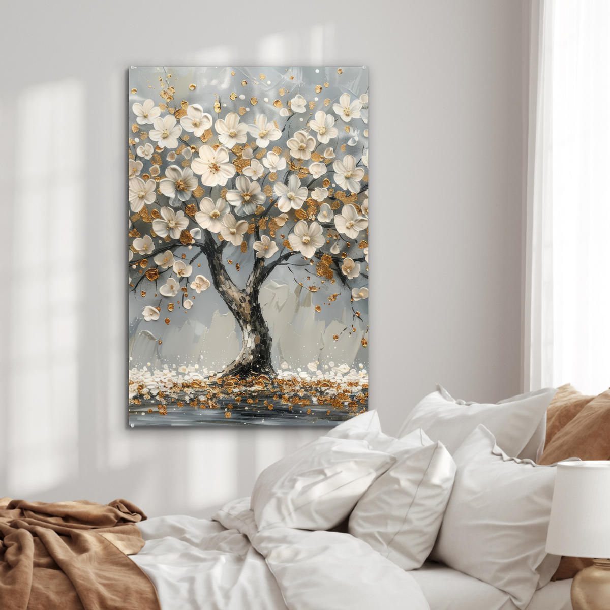 ACRYLGLASBILD Baum - Blumen - Weiß - Natur - Kunst 60x90 cm - Weiß, Glas (60/90cm) - MuchoWow
