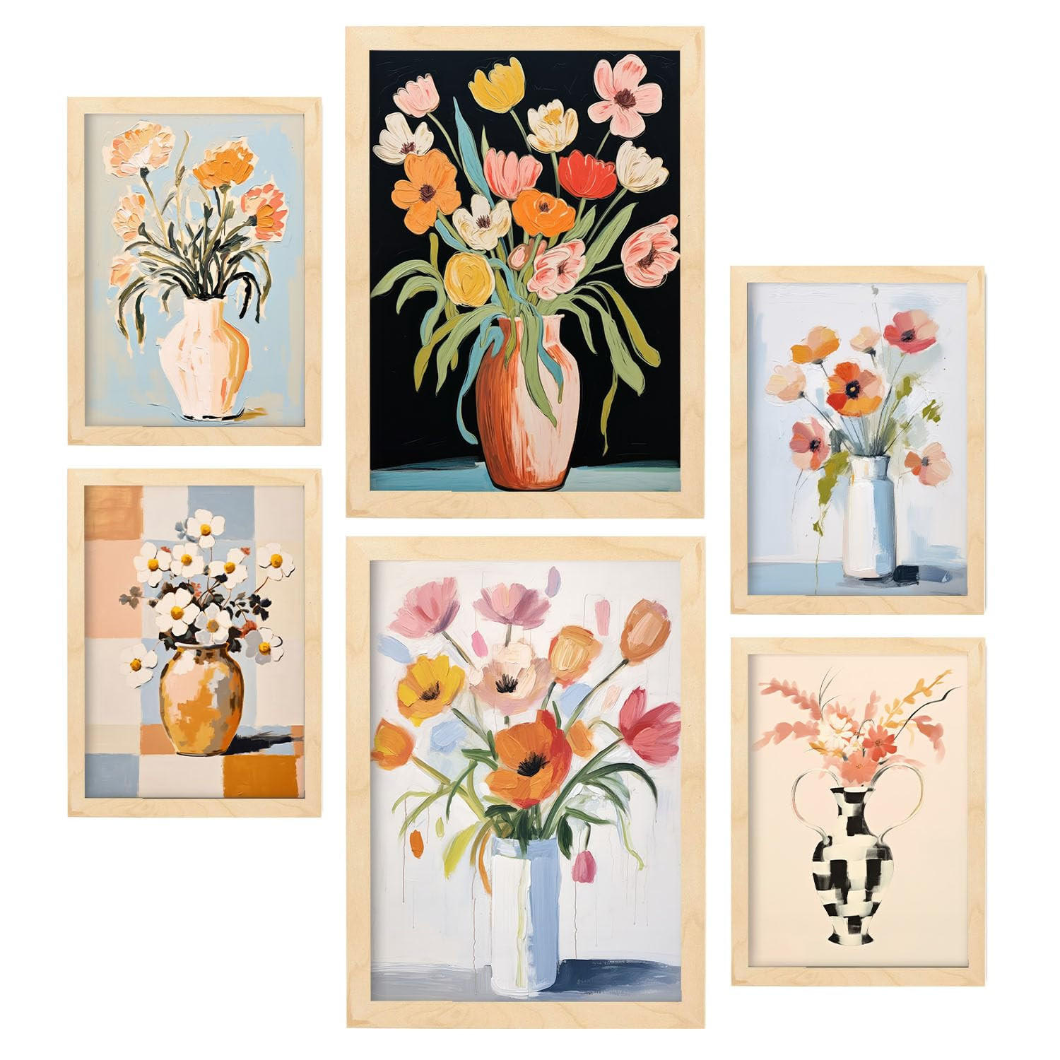 POSTER Set Mit 6 Blumenvasen A3 & A4 Rahmen Aus Hellem Holz - Beige, Papier (29/3cm) - Nacnic