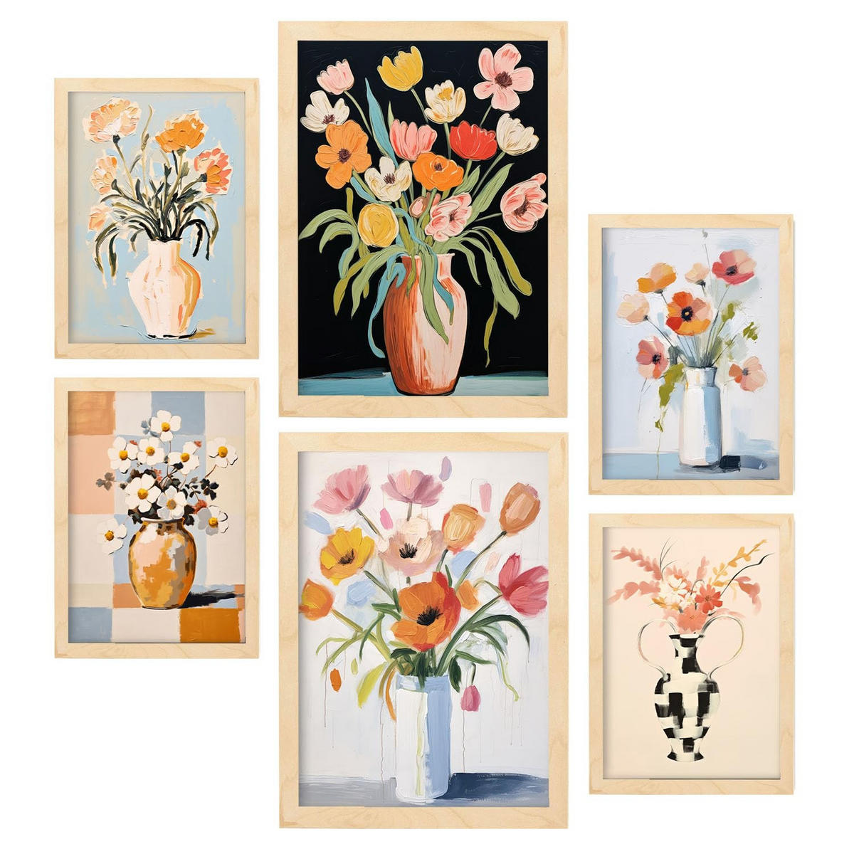 POSTER Set Mit 6 Blumenvasen A3 & A4 Rahmen Aus Hellem Holz - Beige, Papier (29/3cm) - Nacnic