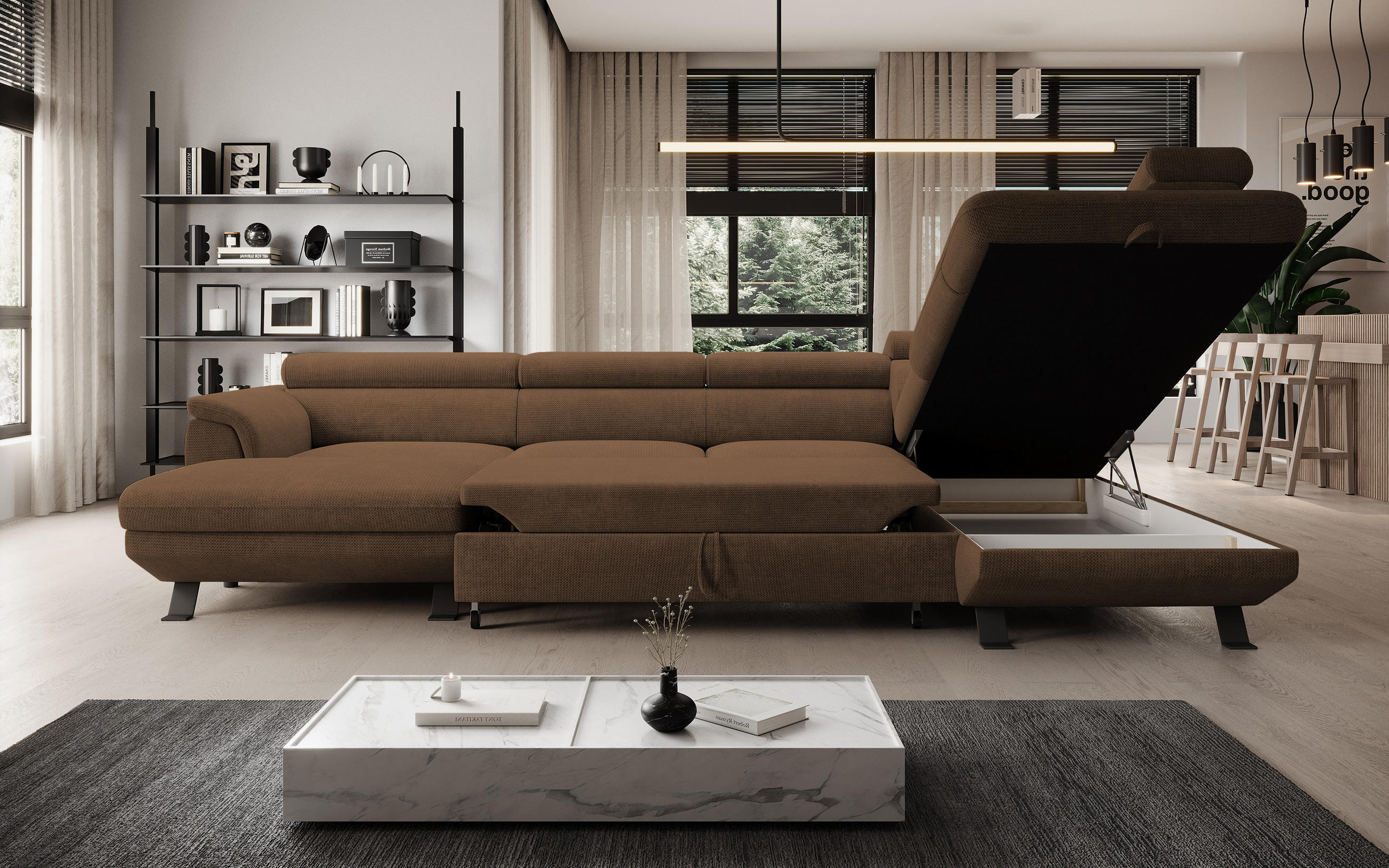ECKSCHLAFSOFA Raven XL, Verstellbaren Kopfstützen, Bettkasten, Großes Sofa 334x198x162cm Rechte, Rost - Rostfarben, Holz/Textil (334/198cm) - DomoHome