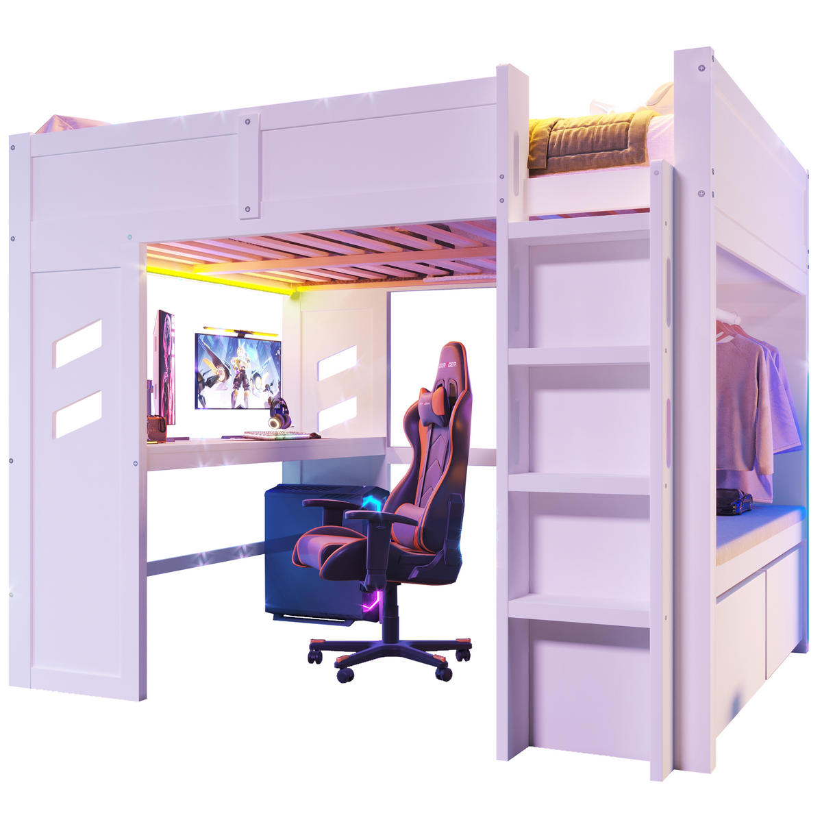 HOCHBETT 140/200 cm mit Schreibtisch und LED-Beleuchtung in Weiß - Weiß, Holz (140/200cm) - OKWISH