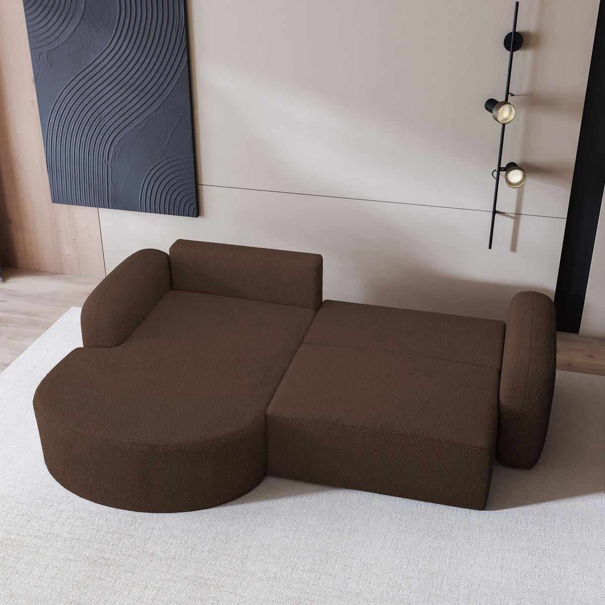 ECKSOFA AMILIA L-S Braun Boucle-Stoff mit Schlaffunktion - Braun, Holz (263/174cm) - MASSENO