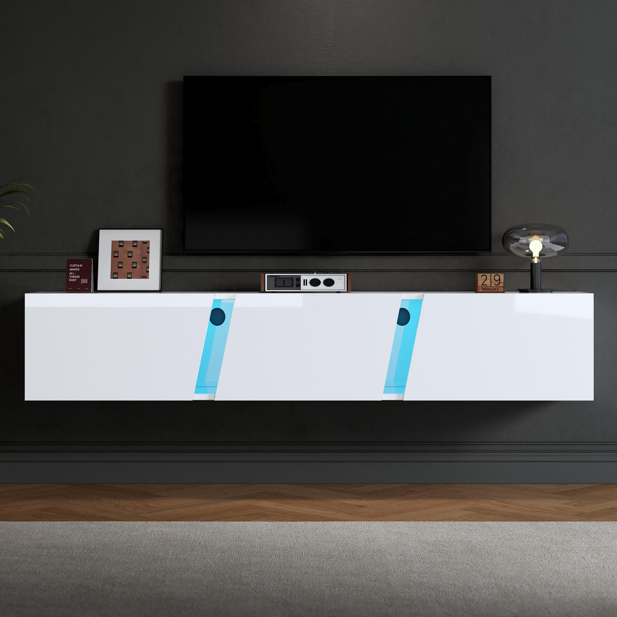 TV-ELEMENT 180/35/30 cm Hängend Hochglanz Weiß mit LED-Beleuchtung und 3 Türen - Weiß, Holzwerkstoff (35/30/180cm) - Korfee
