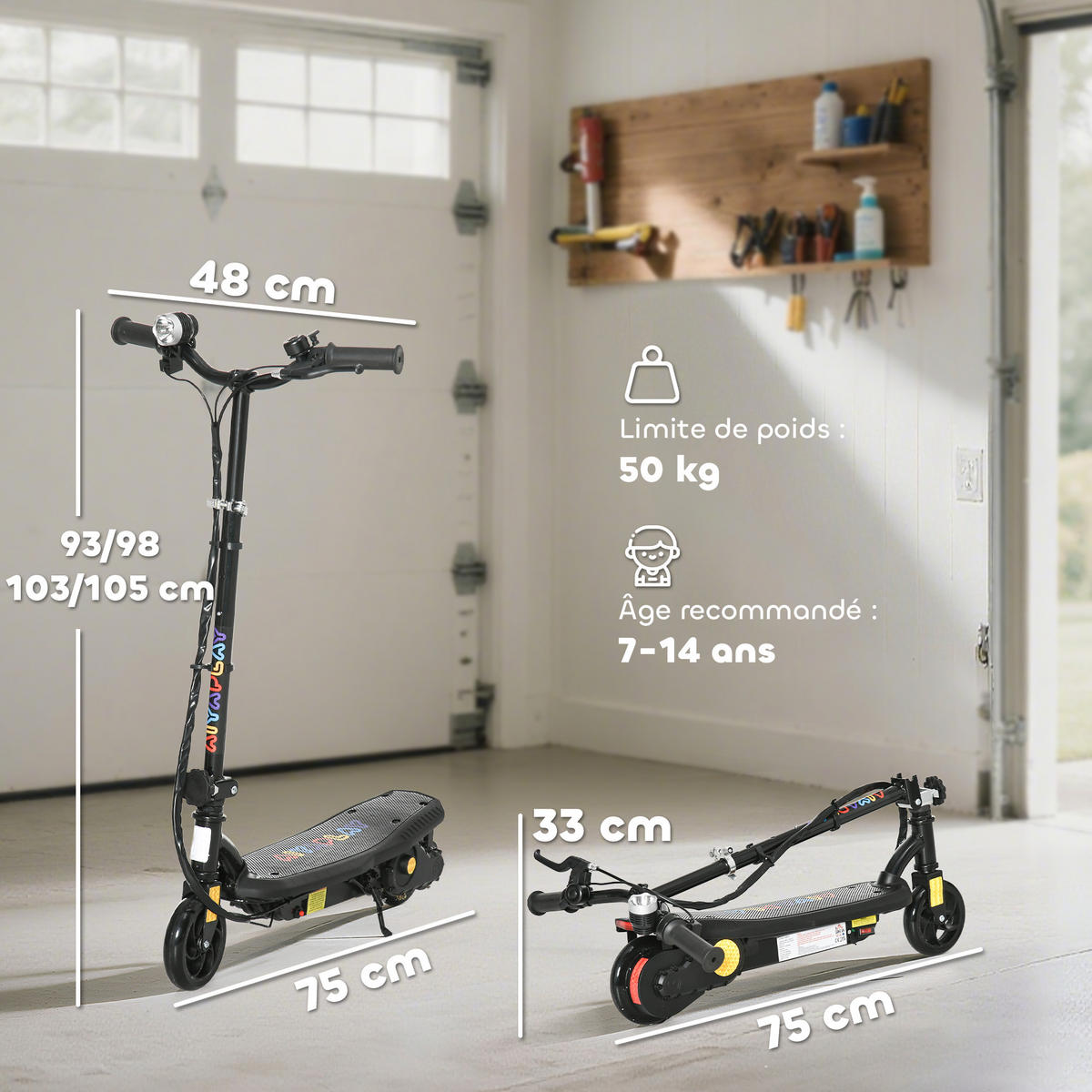 KINDERSCOOTER DE-16944 klappbar 120 W 12 km/h Schwarz - Schwarz, Metall (75/48/105cm) - ComfortXL