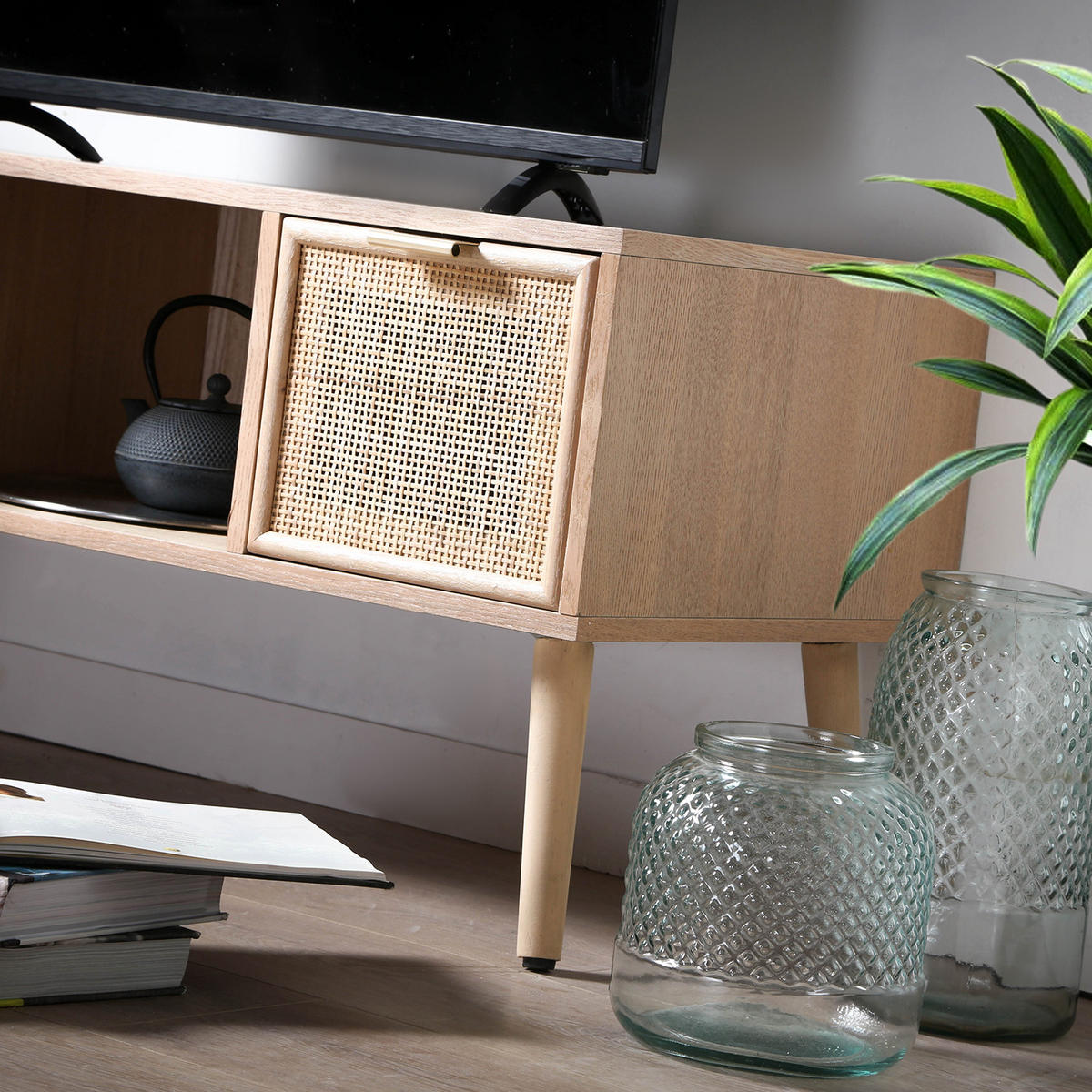 TV-MÖBEL mit 2 Schubladen Vorderseite aus Rattan - L100 cm - Apfelbaumfarben, Holzwerkstoff (42/45/100cm) - Calicosy
