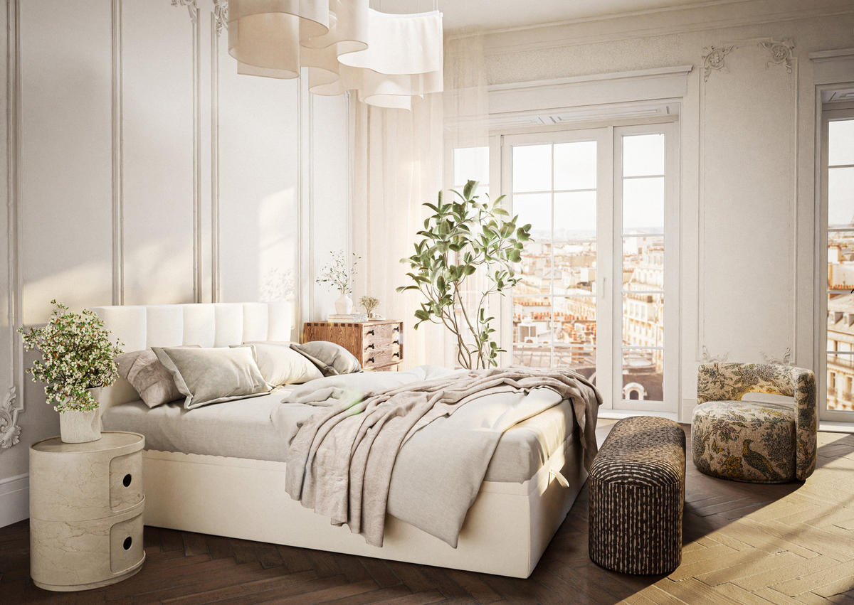 BOXBETT 160/200 cm Gotu S, in Hellbeige, Matratze, gepolstertes Kopfteil, Bettkasten, H3 = fest - Beige/Schwarz, Holz/Holzwerkstoff (160/200cm) - Maison de Reve