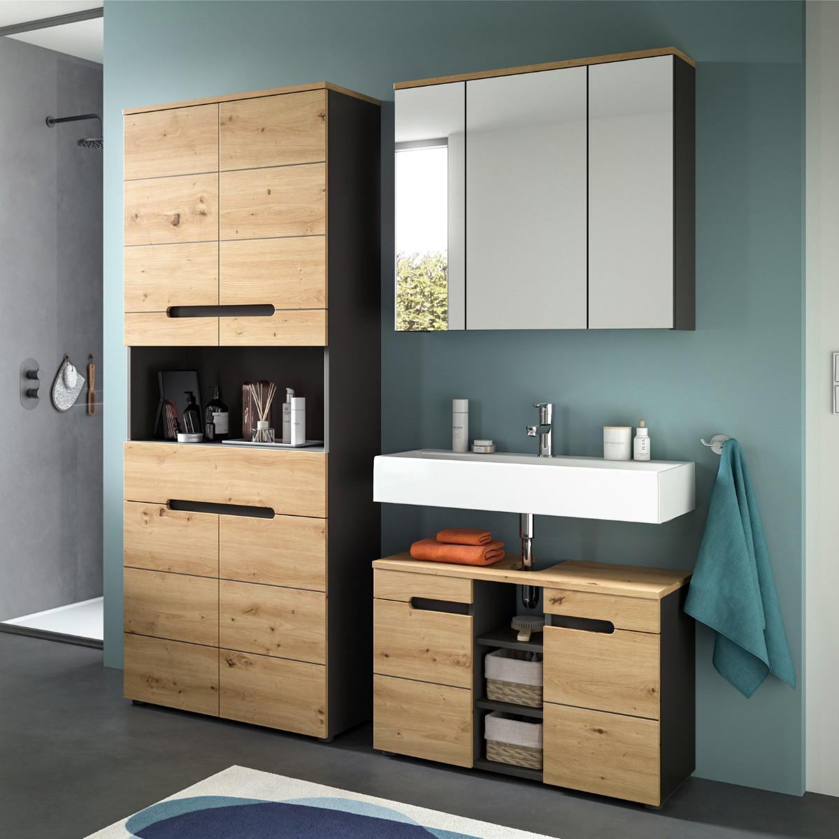 HÄNGESCHRANK mit 3 Spiegeltüren in Eichen- und Grauoptik 21/73/80 cm - Eschefarben, Holzwerkstoff (21/73/50.5cm) - Calicosy