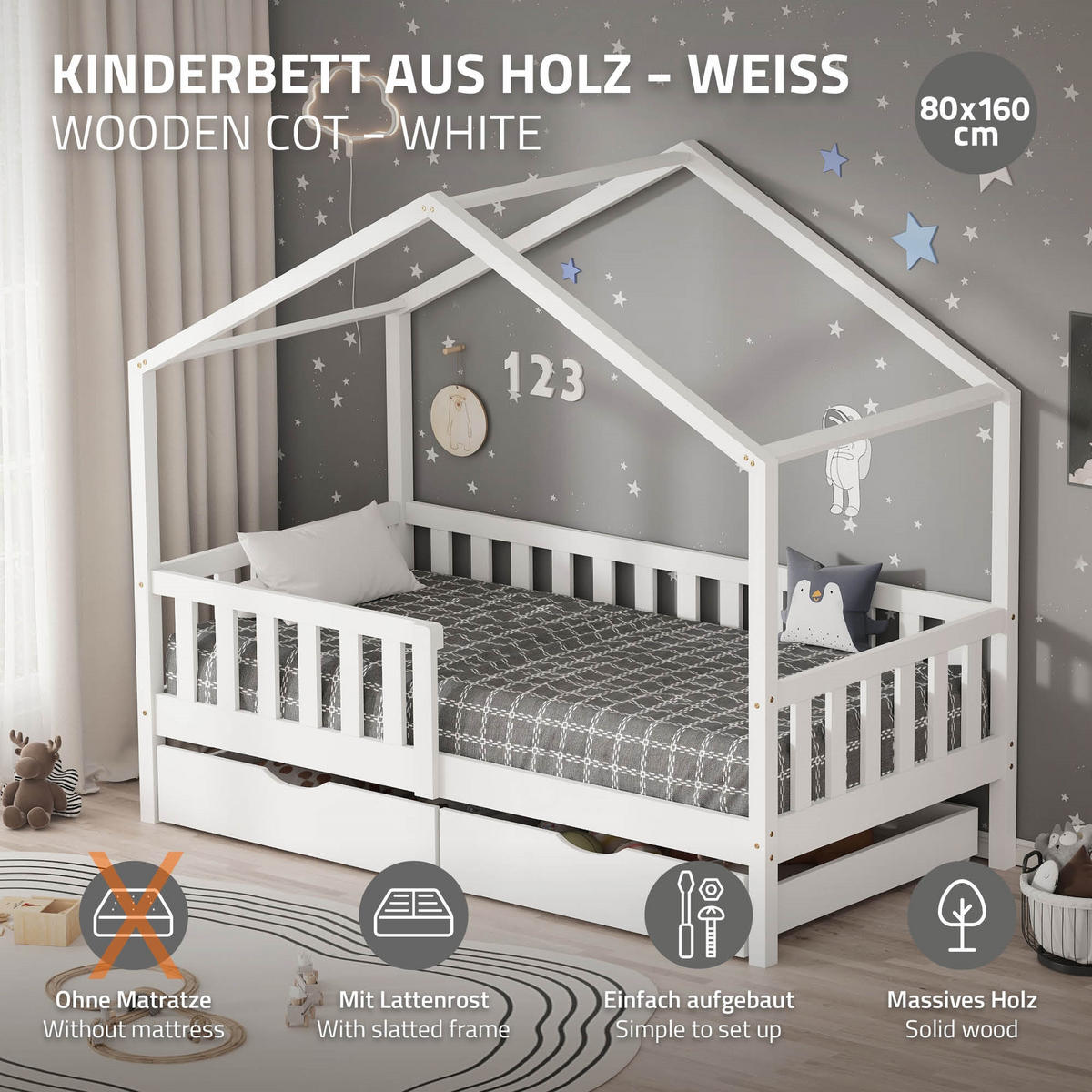 HAUSBETT 80x160 cm Weiß aus Kiefernholz mit 2 Schubladen und Rausfallschutz - Weiß, Holz (80/160cm) - ML-DESIGN