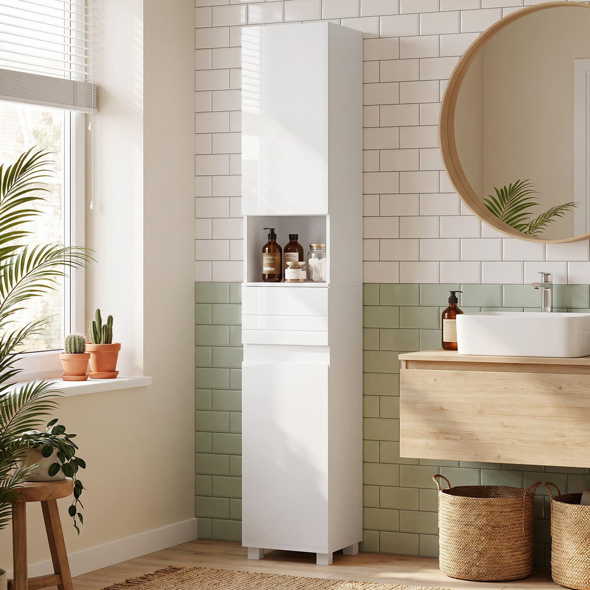 BADEZIMMERSCHRANK MDF Weiß - Weiß Hochglanz/Weiß, Holzwerkstoff (30/170/30cm) - HOMCOM