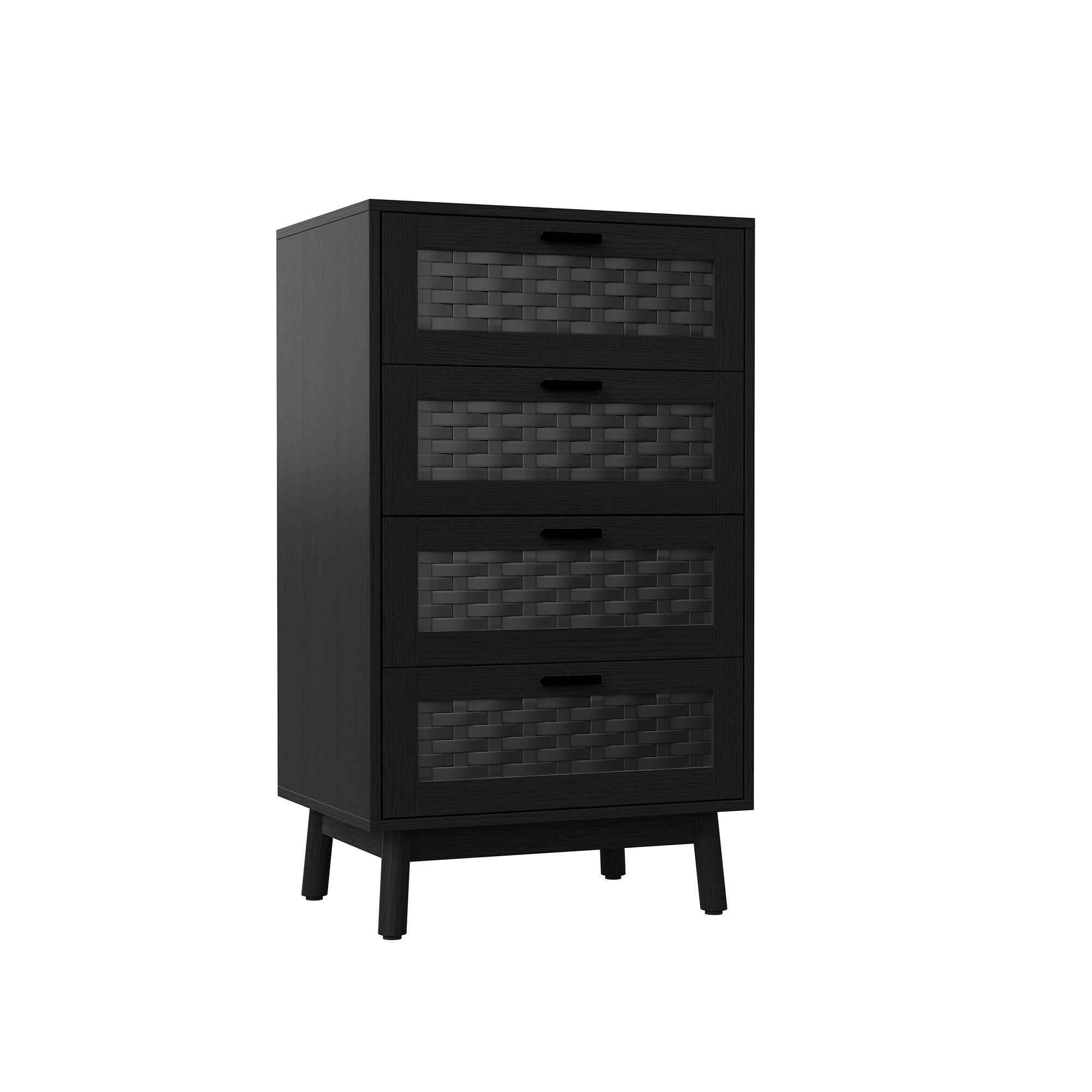 KOMMODE 4 Schubladen, PVC Rattanoptik, 55x40x95 cm, Holzfüße, Anti-Kipp, schwarz - Schwarz, Holz (55/95/39.8cm) - EuroLiving