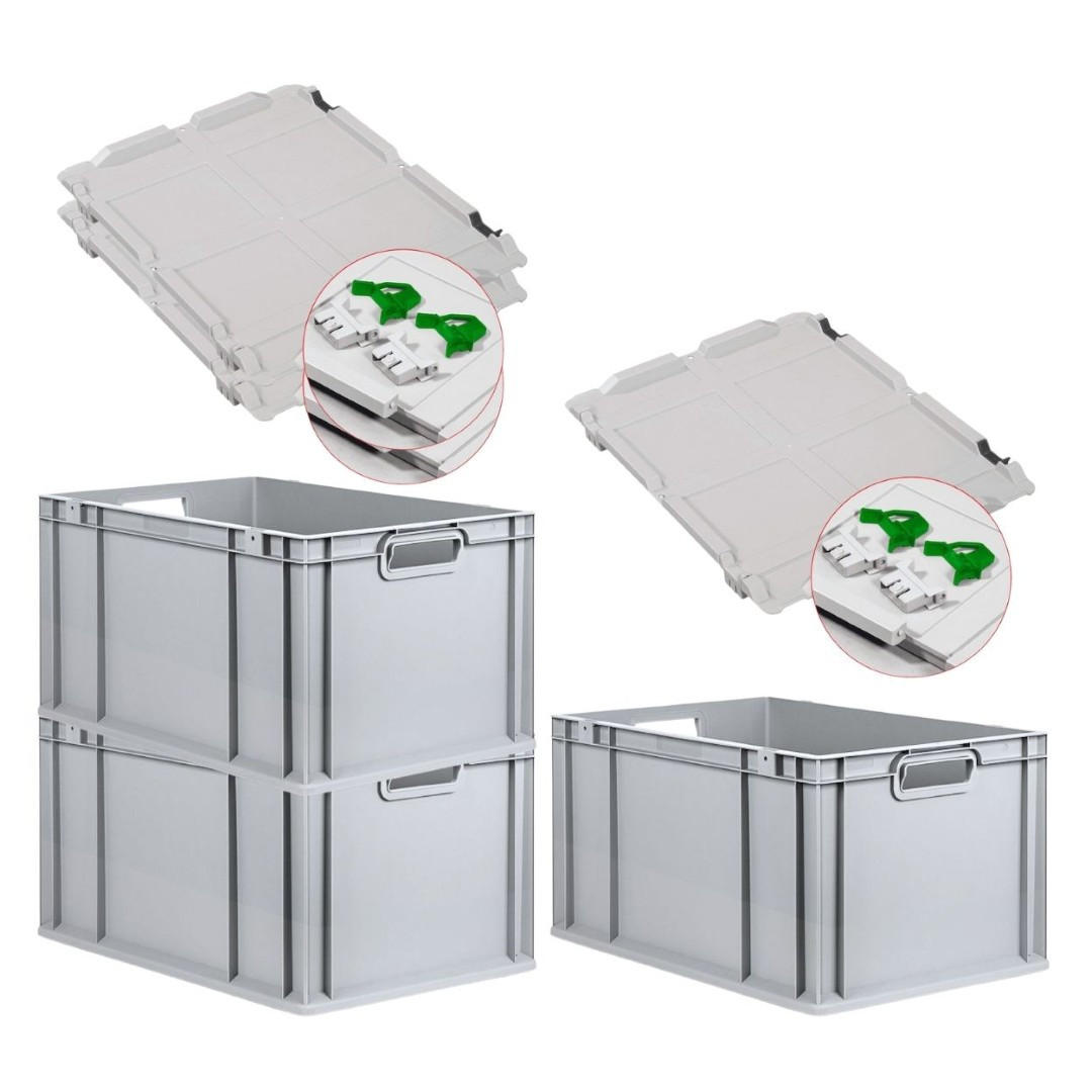 EUROBOX 3x Nextgen Economy Mit Scharnierdeckel Grau/GrünGriffe Offen 65 Liter - Grün, Kunststoff (40/32/60cm) - PROREGAL